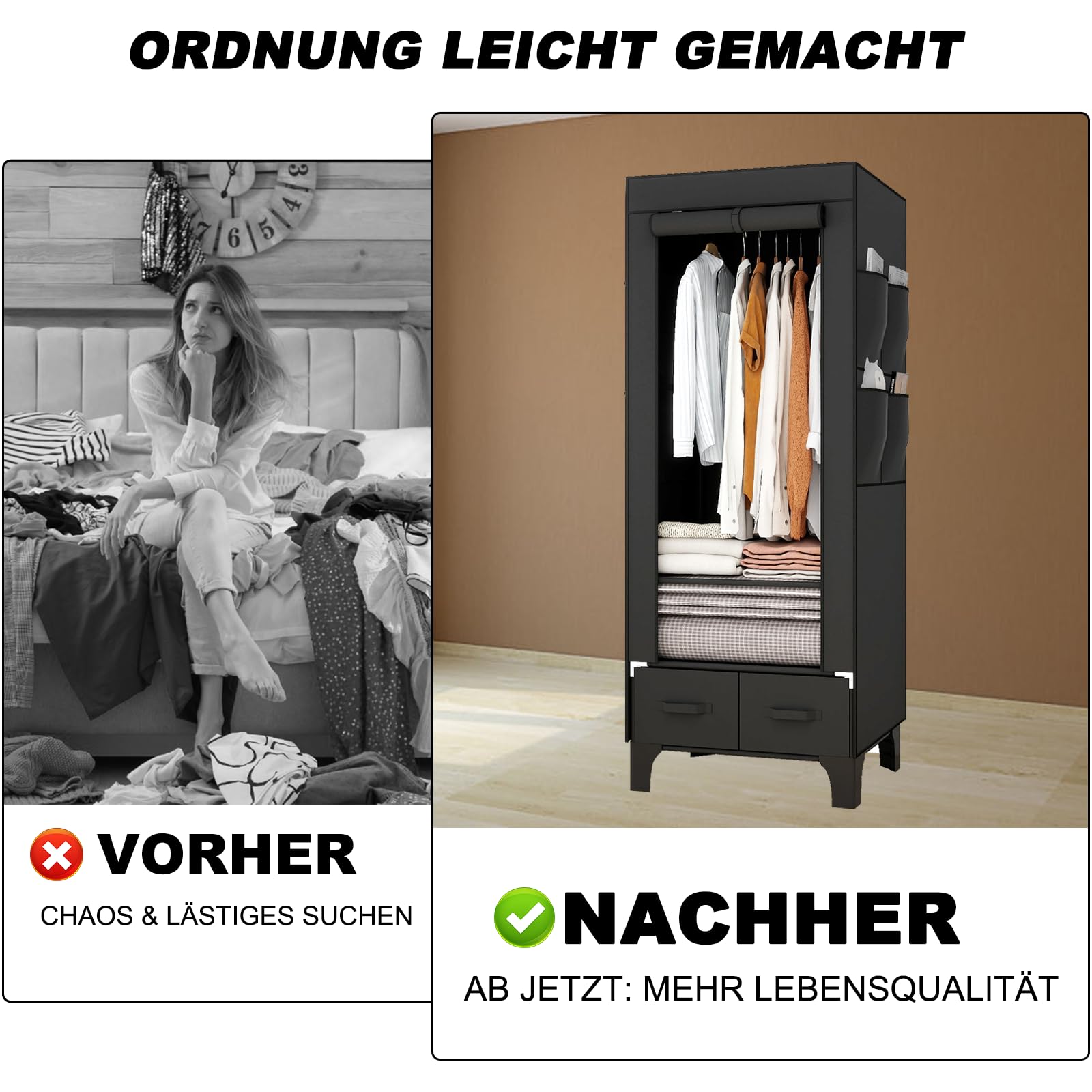 OPPAIYA Stoffschrank Stabil & Schmal 69cm, Faltbarer Kleiderschrank mit 2 Schubladen & 8 Seitentaschen, Kleiderständer Stabil mit Abdeckung, Campingschrank für Schlafzimmer, 69x45x160 cm Schwarz