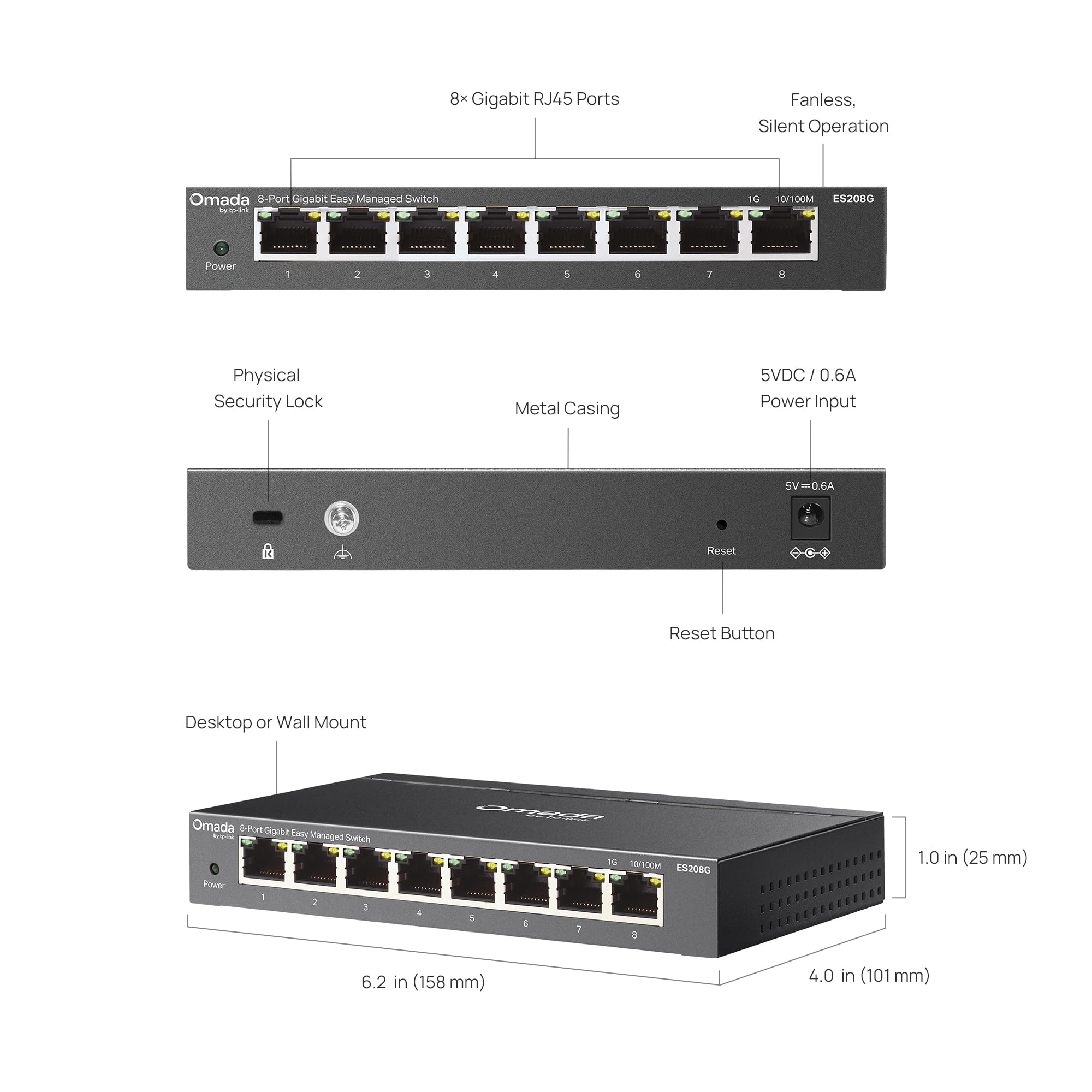 Conmutador administrado fácil Gigabit de 8 Puertos Omada