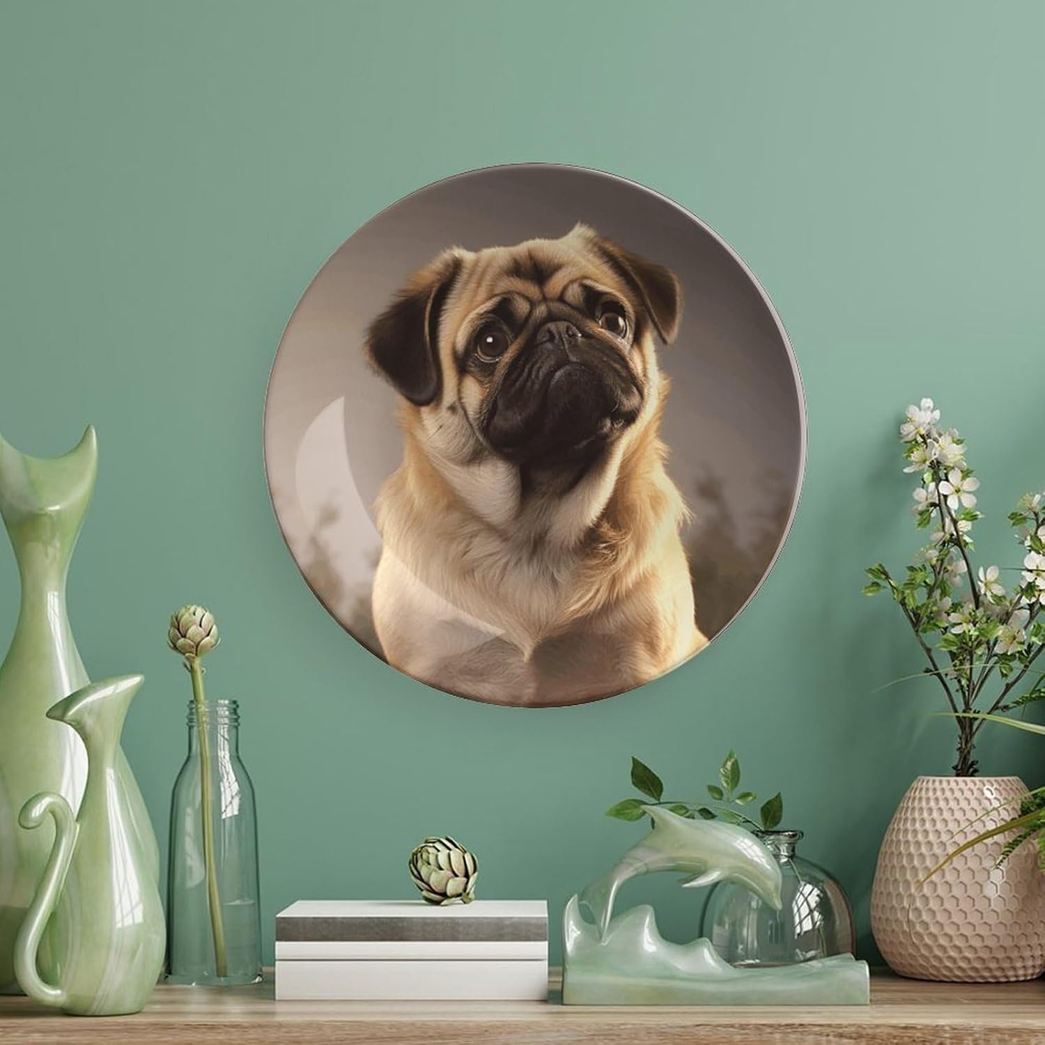 Cute Pug Dog Ceramic Decorative Plate for Home, Bone China Plates | Chinese Style Decorative Dish with Stand, Dinner Plates Art Crafts for Wall Decor, Collections Plate with Hook 6inch