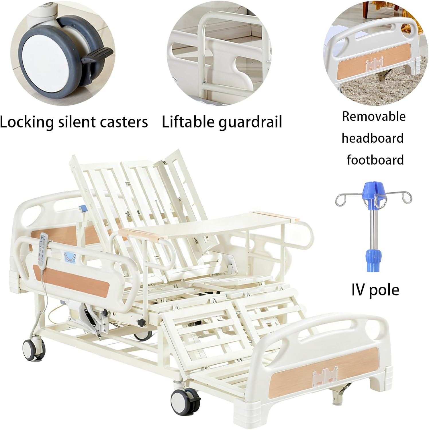 Premium 5 Function Full Electric Hospital Bed,Adjustable Backrest & Leg Elevation,Side Turning for Pressure Relief,Safety Rails,Quiet Lockable Wheels for Home Care,Nursing Home & Rehabilitation Center