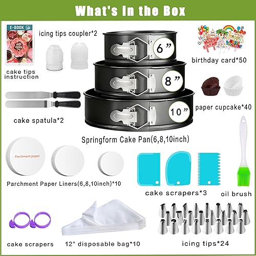 Miniatura 2 de Juego de moldes para pasteles de 168 piezas para hornear + suministros de decoración de pasteles 3 moldes antiadherentes (6, 8, 10 pulgadas), puntas