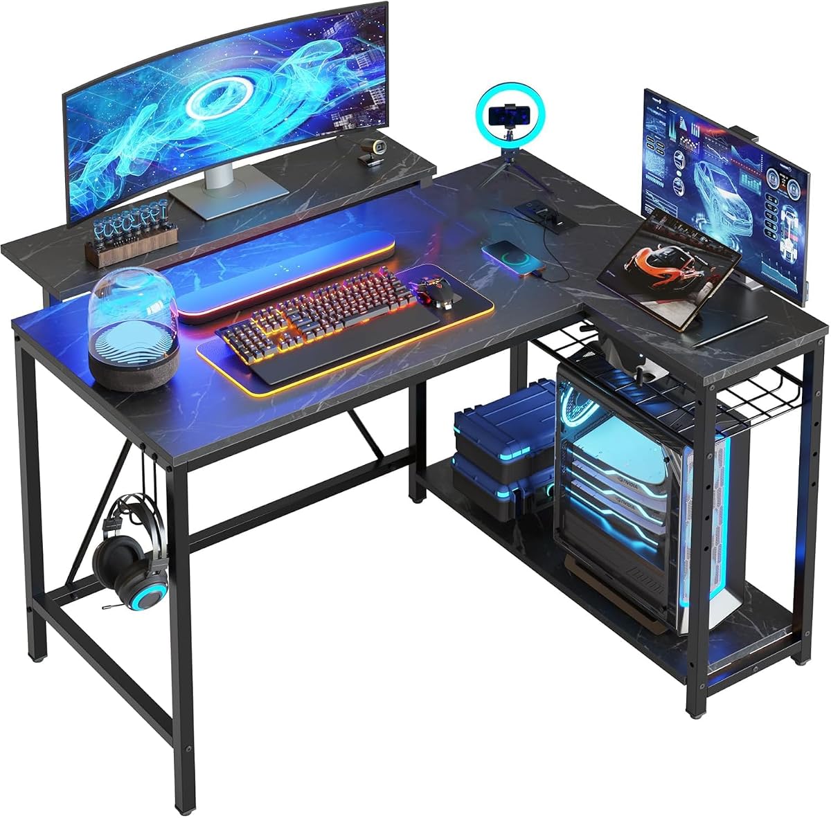 Escritorio para juegos Bestier en forma de L de 42 pulgadas con carga y LED, mármol negro | Carga 2AC+USB+Type-C, LED RGB 7 colores/20 modos, estantes reversibles, fibra de carbono 3D, gancho para auriculares, espacio pequeño