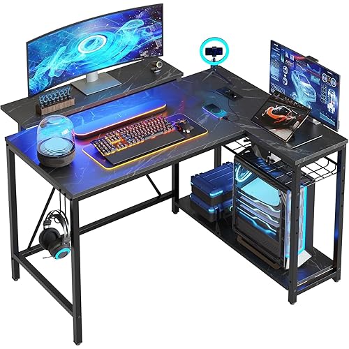 Bestier Gaming Desk with Power Outlets, 42" L-Shaped Gaming Desk with LED Lights, Desk with Reversible Storage Shelves & Hooks for Small Spaces, Bedrooms & Offices, Marble Black