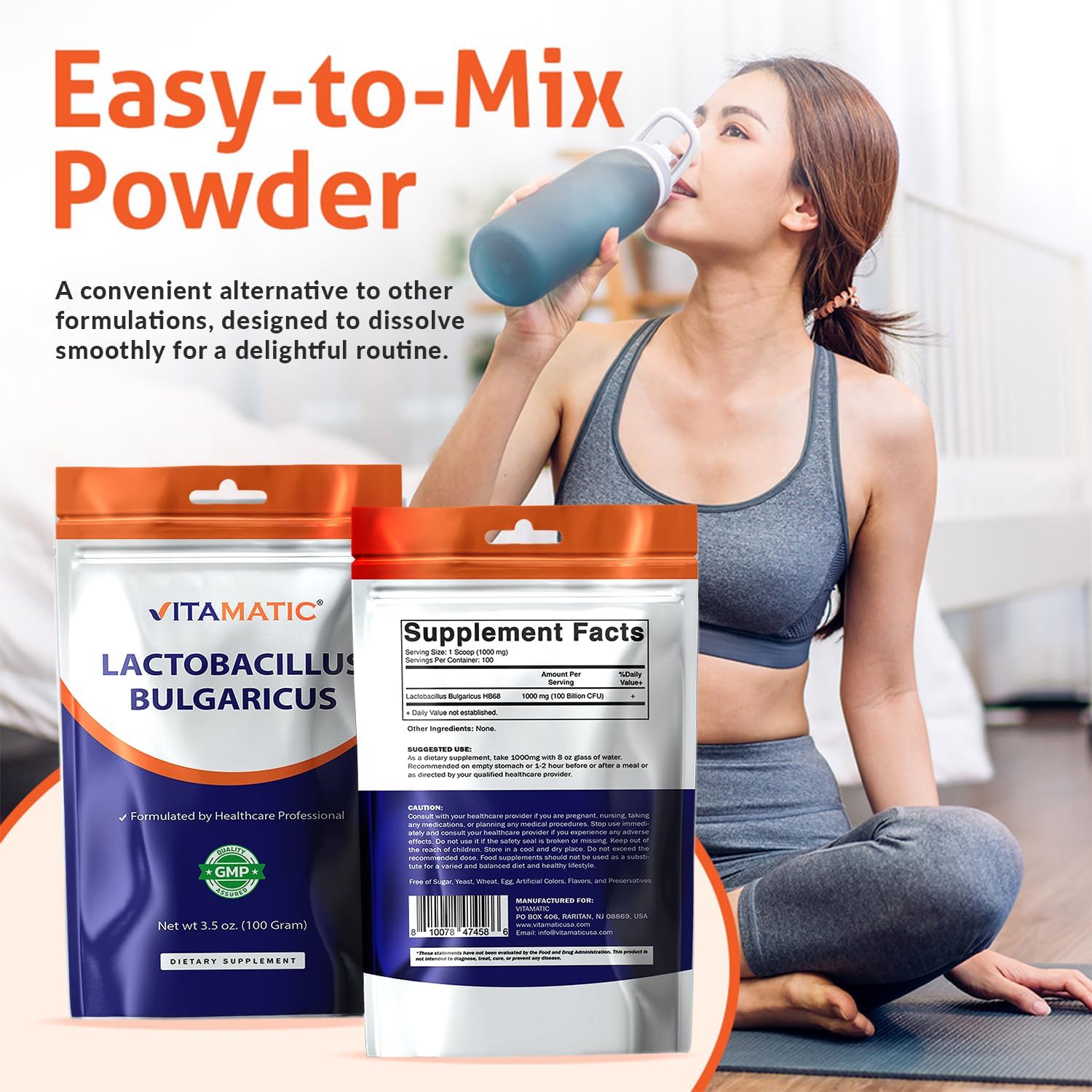 Vitamatic Lactobacillus Bulgaricus Probiotic Powder - Digestive Health Support - 100 Gram (3.5 OZ) - 100 Servings