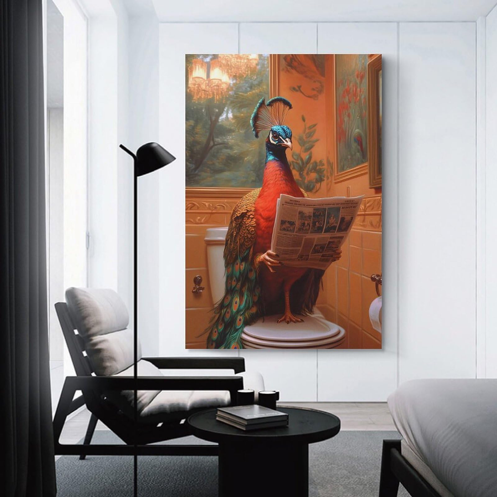 Junmoney Peacock Reading Newspaper Toilet Room Decor Wall Art 24x36inch(60x90cm), for Bedroom Decor, Cosy Corners Or Studios, A Warm Accent for Relaxed Interiors