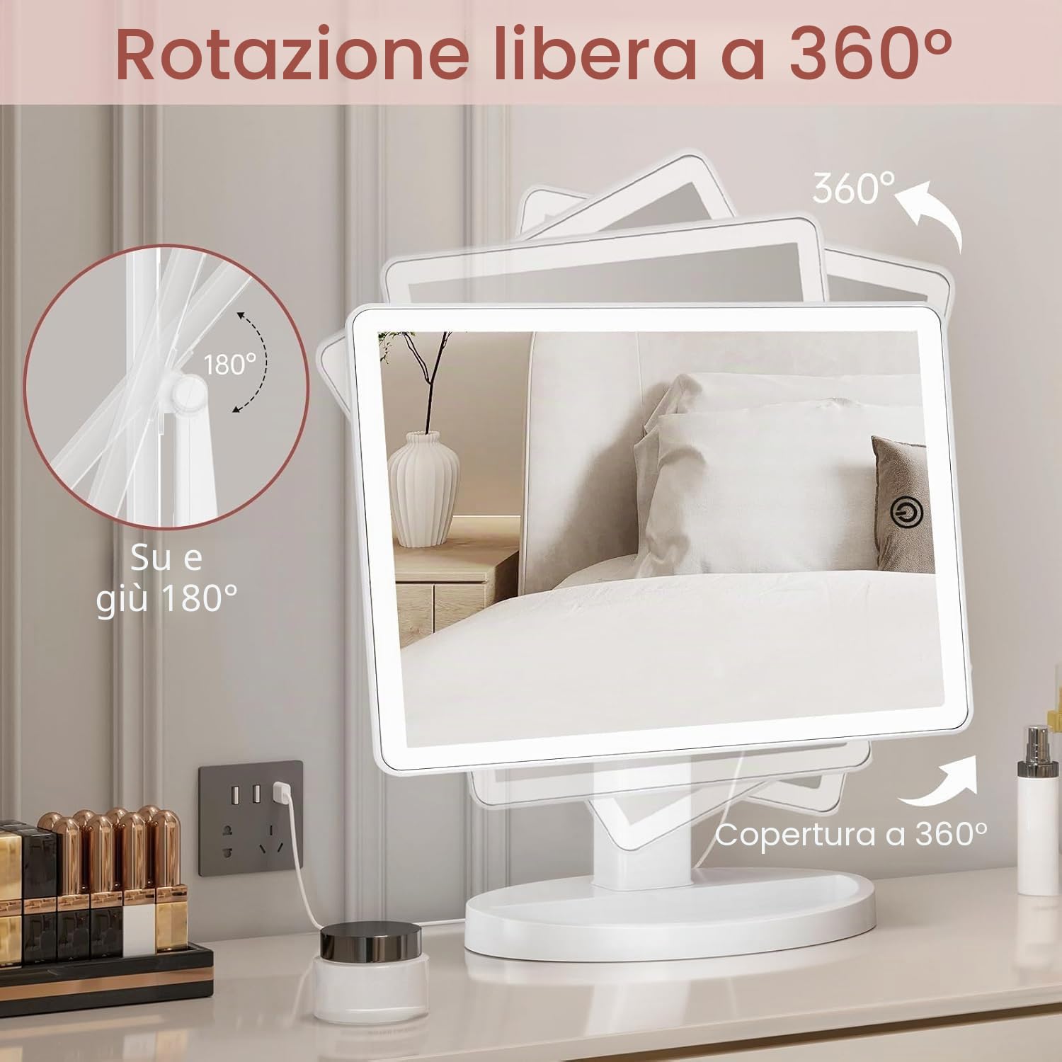 FUNTOUCH - Specchio grande per trucco illuminato con 88 LED, touch screen rotante a 360°, ingrandimento 10x, specchio cosmetico portatile da tavolo per il trucco