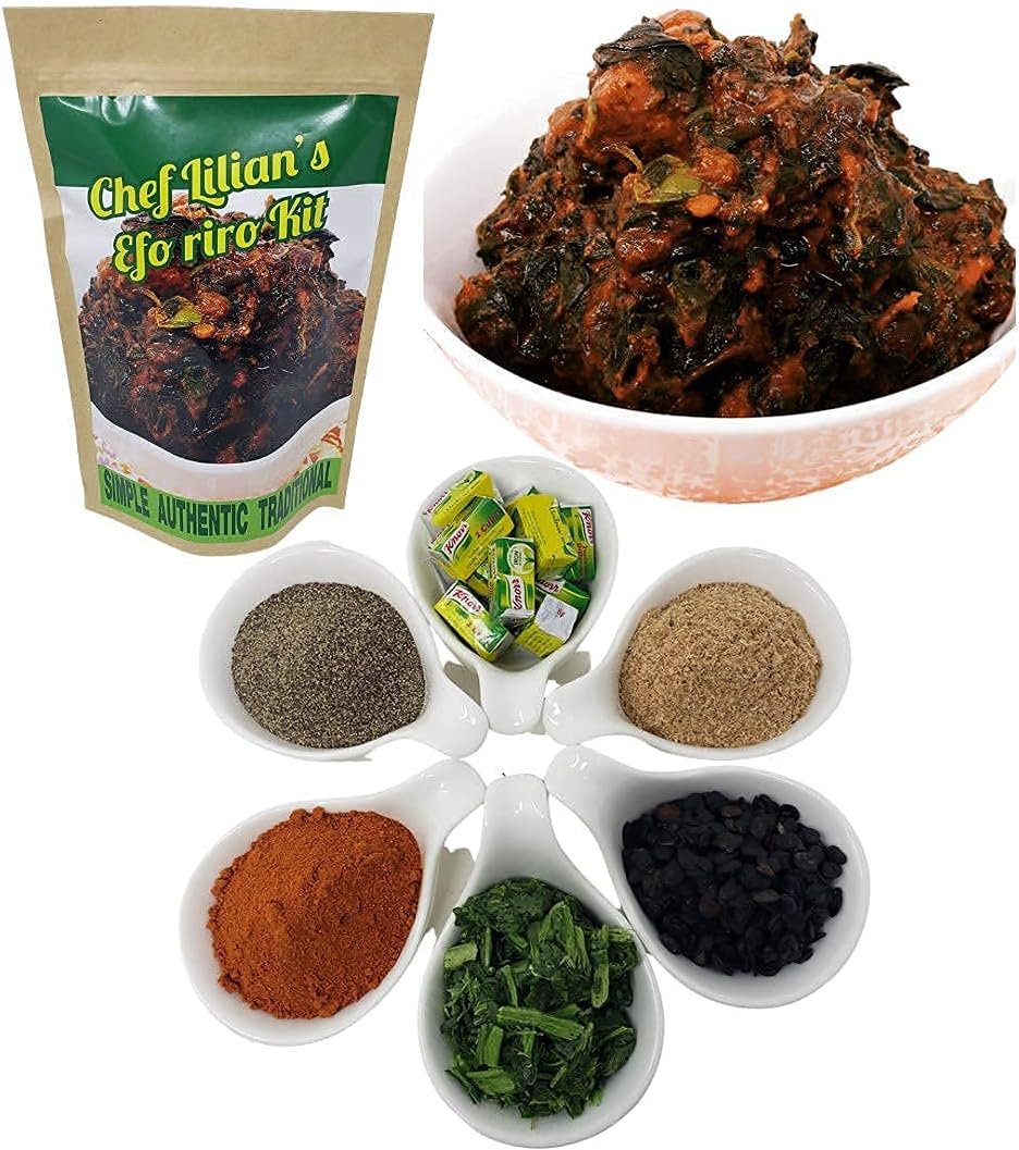 Chef Lilian's Efo Riro Kit- Nigerian West African Soup Kit with Pepper mix, Iru (locust bean), Crayfish, Seasoning Cubes, Hot Chili powder and Dehydrated Spinach, Soup Mix 5 Servings (Pack of 1)