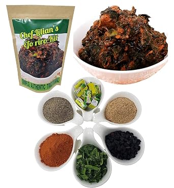 Chef Lilians Efo Riro Kit- Nigerian West African Soup Kit with Pepper mix, Iru locust bean, Crayfish, Seasoning Cubes, Hot Chili powder and Dehydrated Spinach, Soup Mix 5 Servings Pack of 1