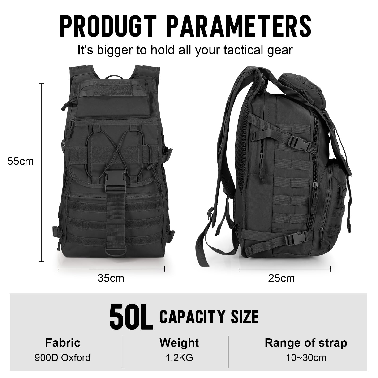 SHANNA Sac à Dos Militaire,35L/50L Grand Volume Sac à Dos Multifonction, Sacs Trekking Armée MOLLE Assaut Pack Combat Tactique pour La Randonnée en Plein Air Camping Pêche Chasse Sac D'urgence