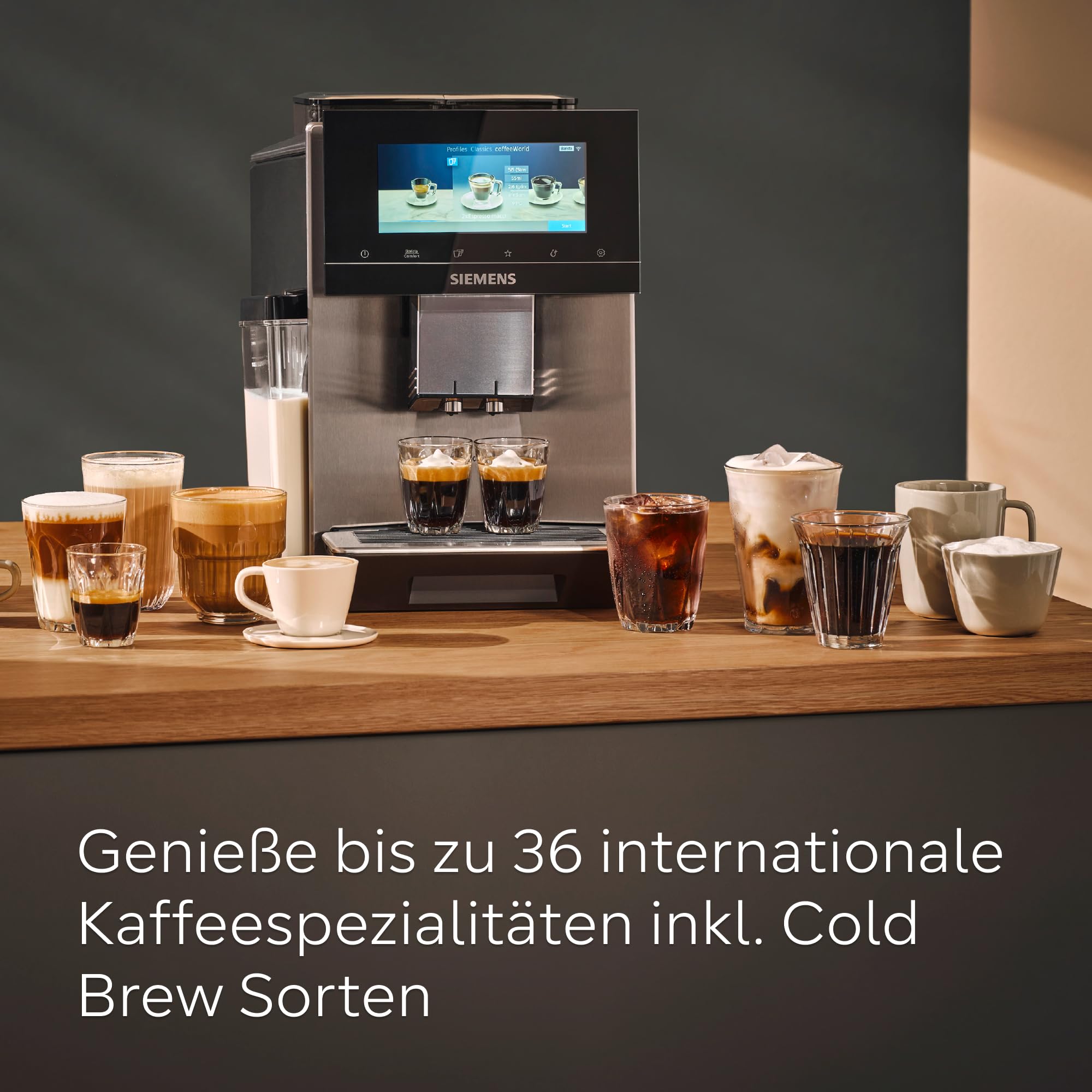 Siemens Kaffeevollautomat EQ900, großes farbiges TFT-Display, 36 Heiß- und Kaltgetränke, Cold Brew, super leise, Keramikmahlwerk, Doppeltassenfunktion, Steuerung per App, Edelstahl, TQ905D03