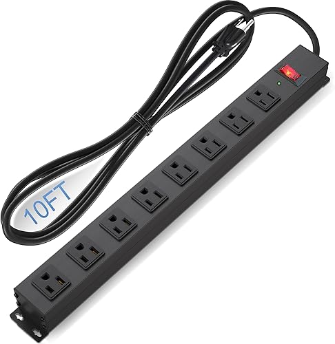 Regleta protectora contra sobretensiones de 8 tomas, cable de 10 pies de largo, tira de alimentación de metal resistente para el hogar, oficina,