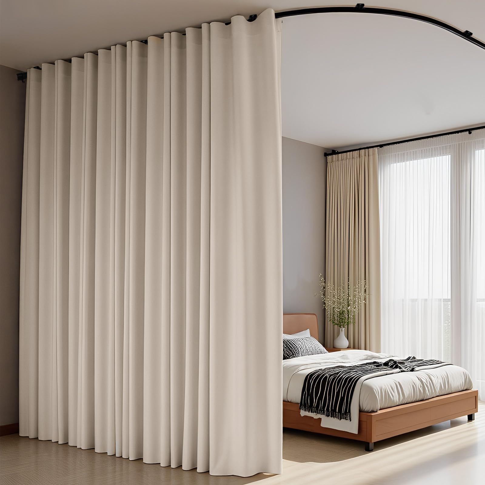 Rideaux de séparation de pièce avec rails flexibles pour montage au plafond, rideaux d’intimité occultants pour salon, chambre à coucher, 254 x 233 cm (l x H), rideau beige et rail noir