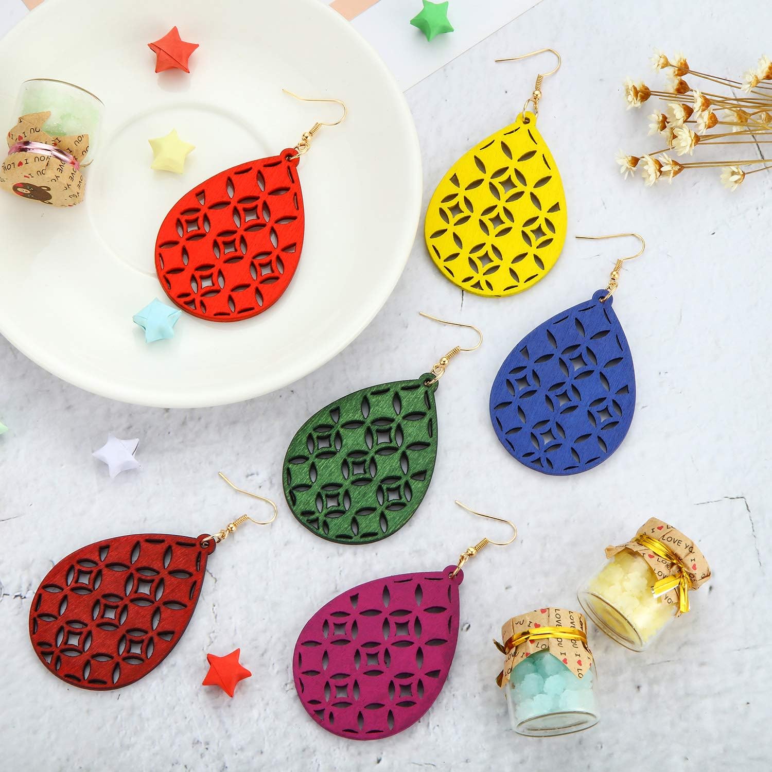 8 Pairs Women Lightweight Bohemian Earrings Wooden Teardrop Cut-Out Dangle Earrings - Image 6