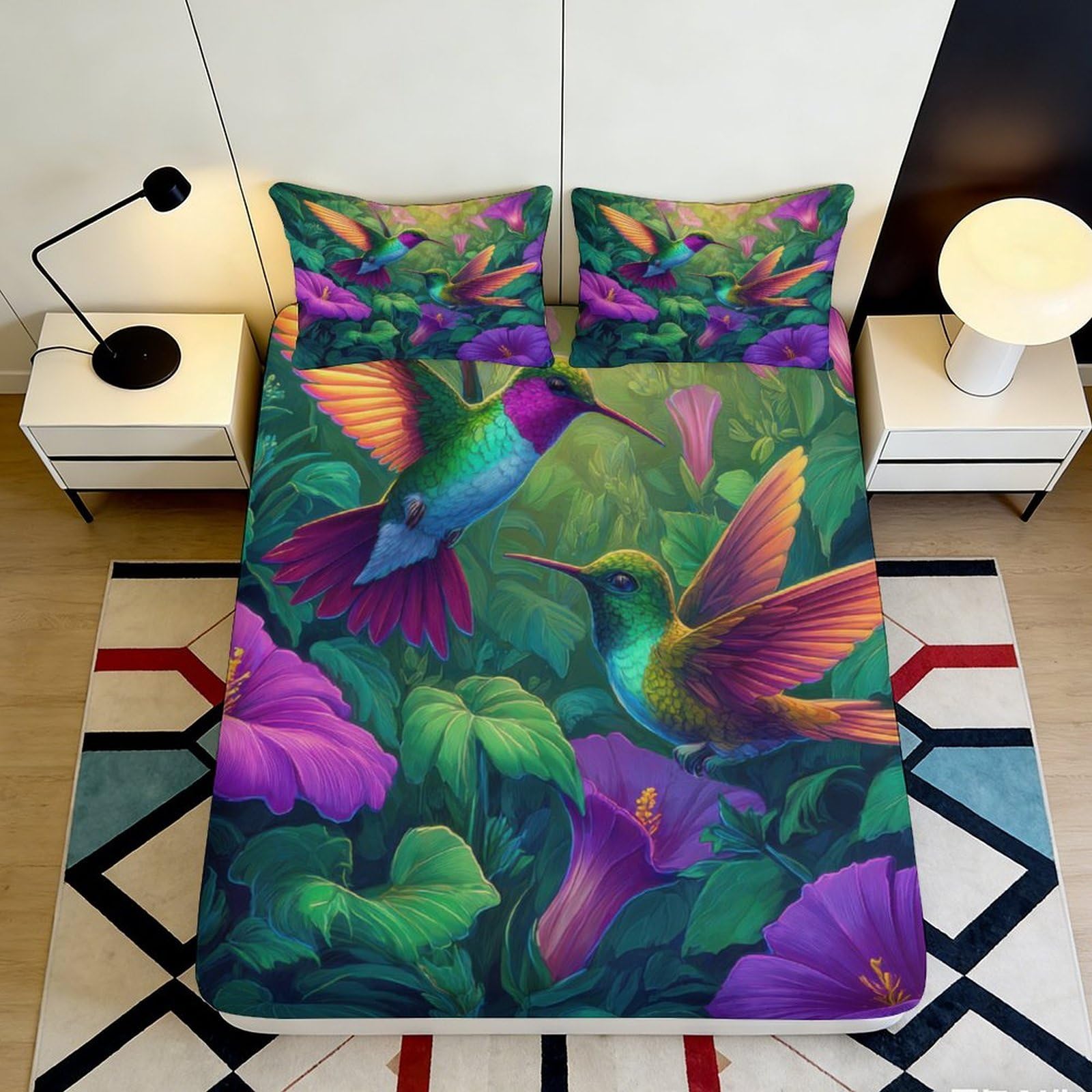 3D Printed Hummingbird Flower Fitted Sheet Microfiber Soft Mattress Cover Anti-Slip Breathable for Bedroom Guest Room Decor 180x200x25cm