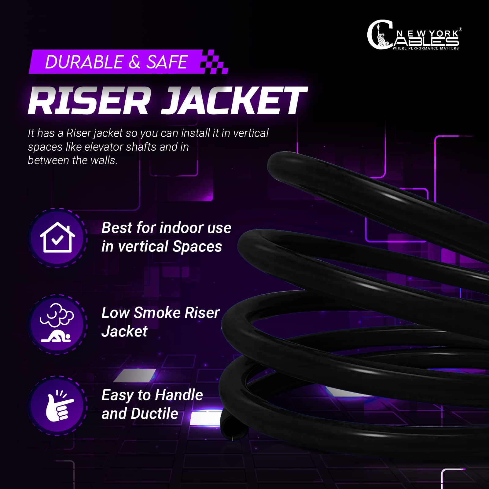 Newyork Cables Riser (CMR) 1000 pies – 4 pares sólidos 23AWG, cable Ethernet 1000 pies al aire libre – 550 MHz 10 Gigabit Speed, par trenzado sin blindaje (UTP), cable Ethernet a granel – negro