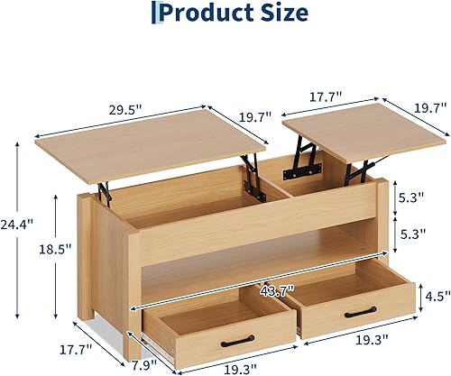 Miniatura 3 de Garvee Mesa de centro elevable con almacenamiento, mesa auxiliar de madera para sala de estar, 2 cajones, compartimento oculto y estante abierto,