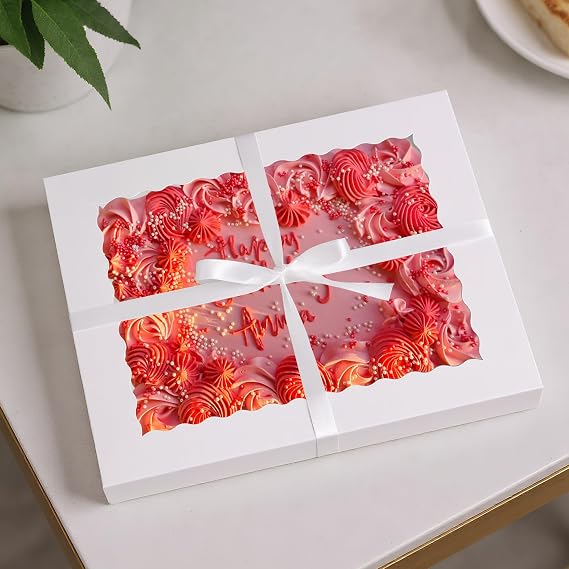 MUMULULU 12 PCS 19x14x2.5 Inch 6 PCS White Bakery Cake Boxes with Thank You Stickers and A roll of ribbon Half Sheet Cake Box for Bakery Pastry Cupcake Muffins Donuts Pie Packaging