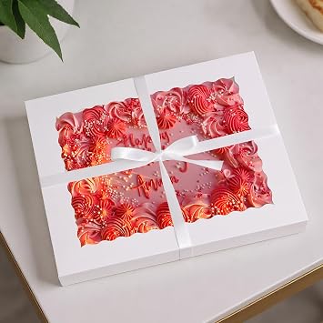 MUMULULU 12 PCS 19x14x2.5 Inch 6 PCS White Bakery Cake Boxes with Thank You Stickers and A roll of ribbon Half Sheet Cake Box for Bakery Pastry Cupcake Muffins Donuts Pie Packaging