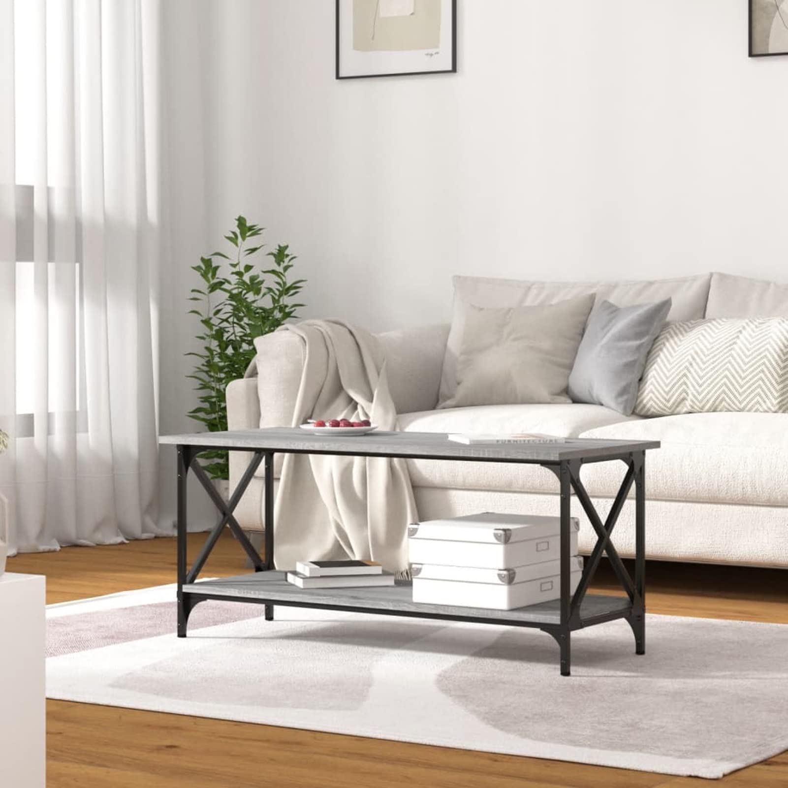 Homgoday Table basse grise Sonoma 100 x 45 x 45 cm, table d'appoint en bois et fer, table d'appoint pour salon, salle de réception d'invités, chambre à coucher et mobilier de bureau