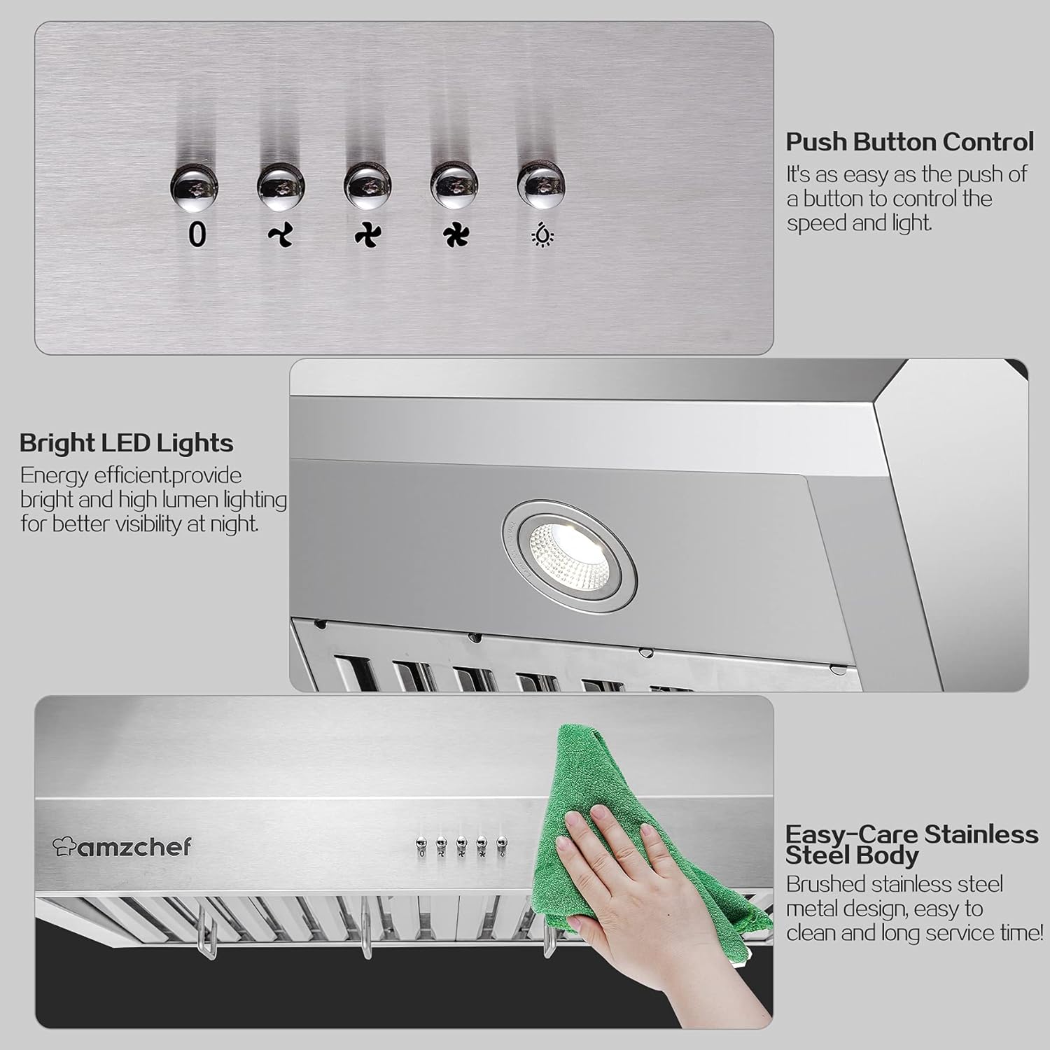 Close-up of the push-button controls, LED lights, and stainless steel body of the AMZCHEF range hood