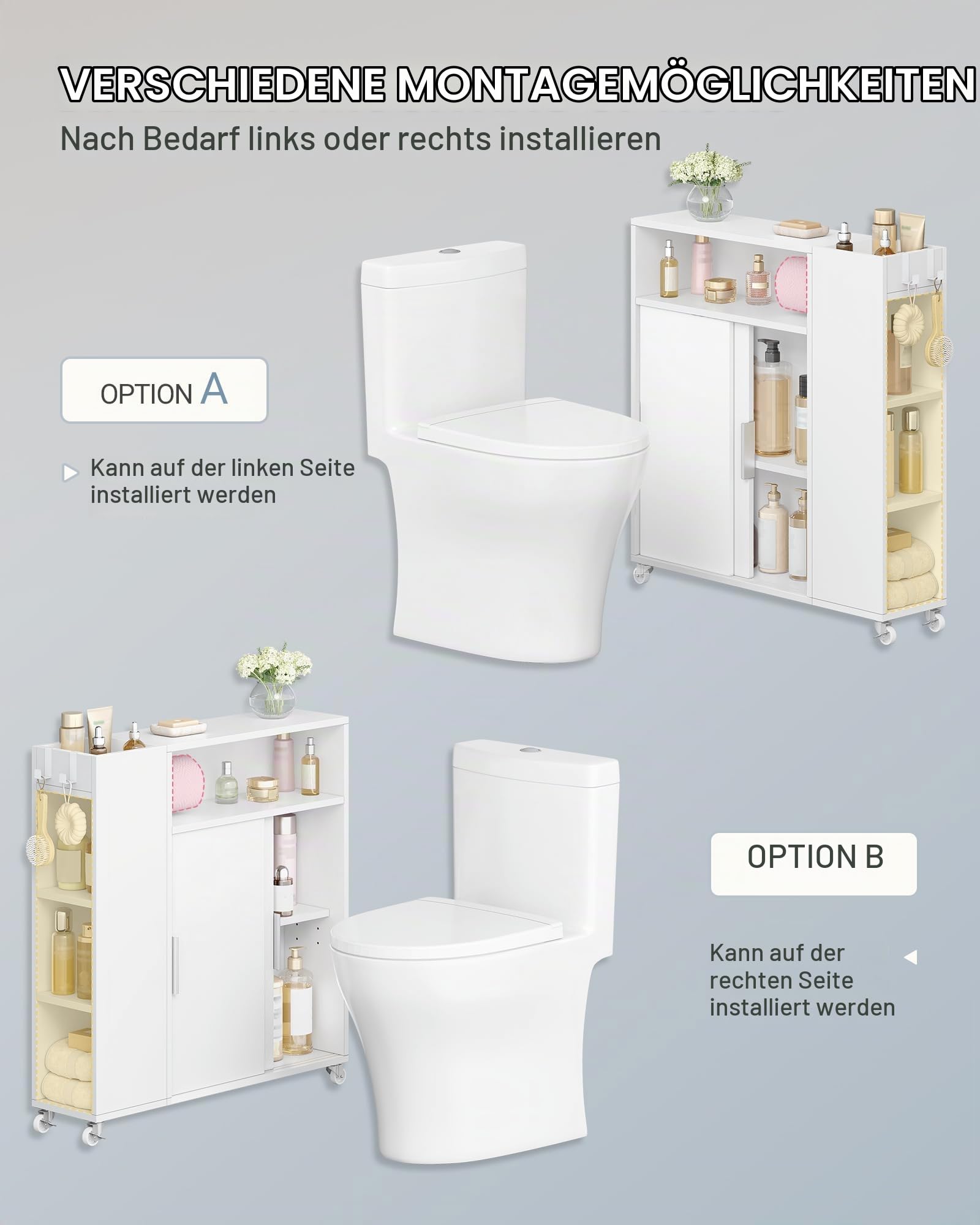 Hzuaneri Badezimmerschrank mit Rollen, Nischenschrank, Schiebetüren