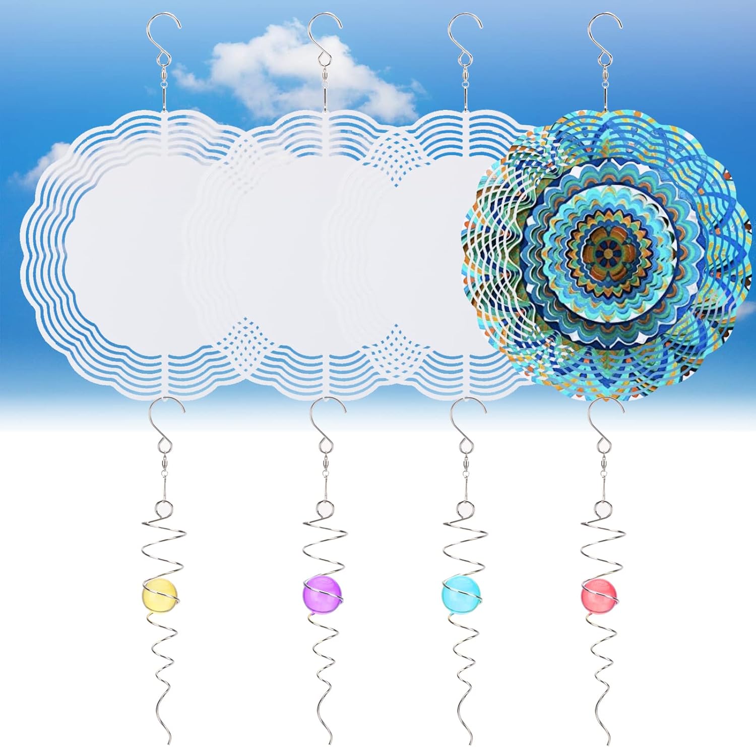4Pcs Sublimation Wind Spinner Blanks 10Inch with 4Pcs Gazing Ball Spiral Tail, Round
