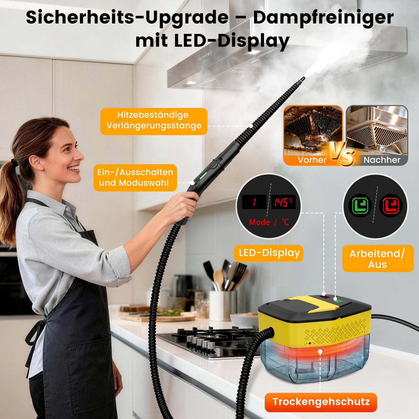 Limpiador a vapor profesional de 2500 W, 15 segundos, con 18 unidades de juego de limpieza y barra de extensión, para muebles tapizados, coche, baño, ventana, azulejos (5, negro)