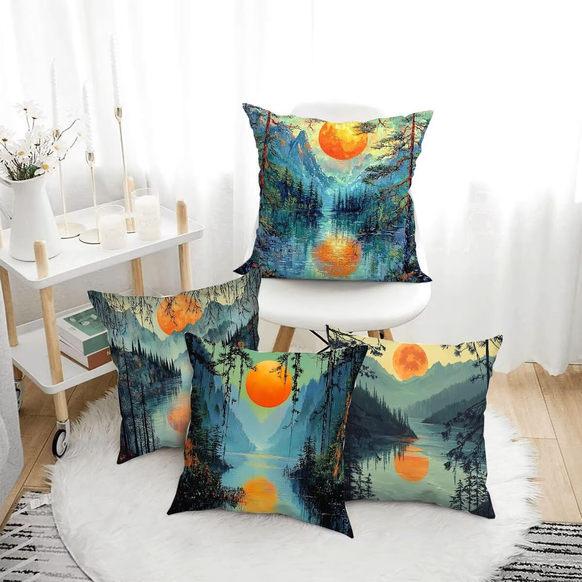 Set de 4 Cojines de Terciopelo 60x60 cm Montañas atardecer Fundas de Cojín Decor para Sofá o Silla Fundas de Cojín con Cremallera Invisible Sofá Salón Dormitorio Exteriores Cojines Decor I-1424
