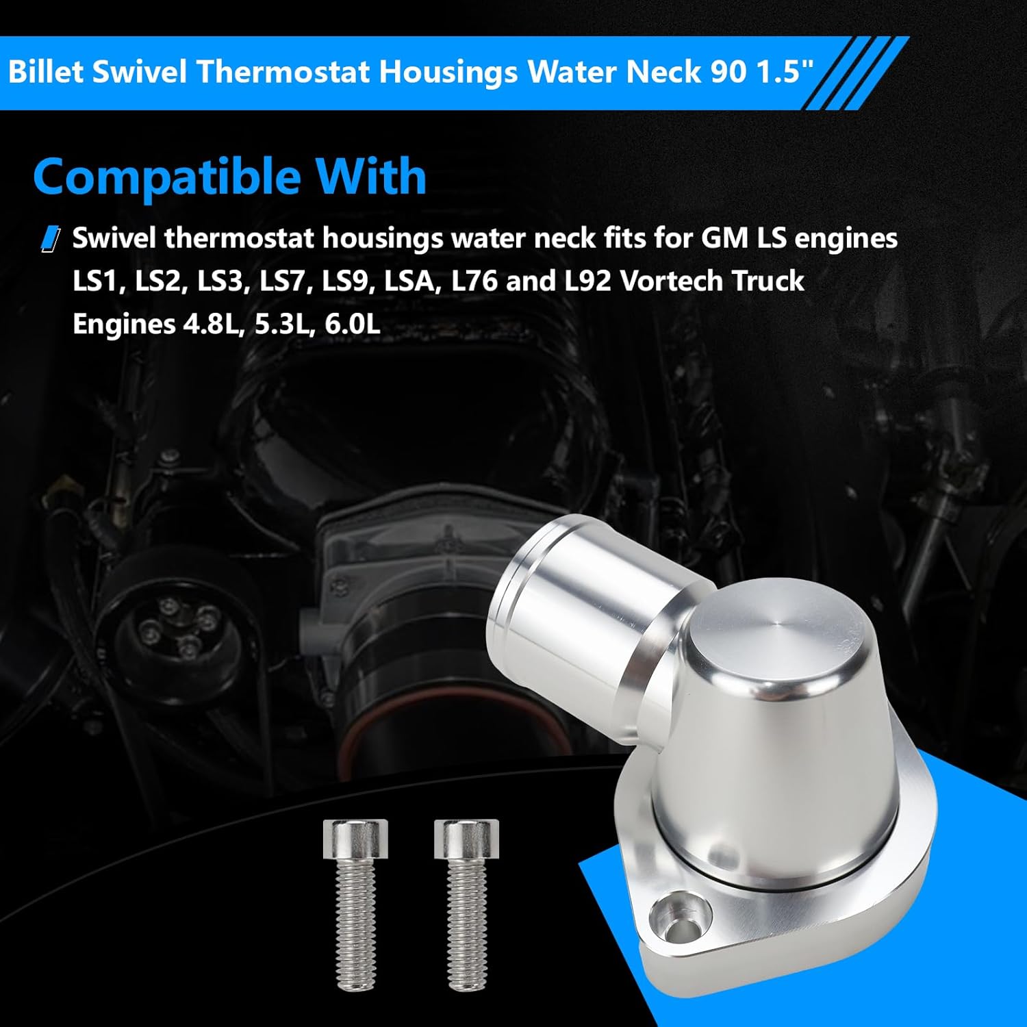 Billet Swivel Thermostat Housings Water NecK 90 1.5" Compatible with GM LS LS1 LS2 LS3 Engine Silver