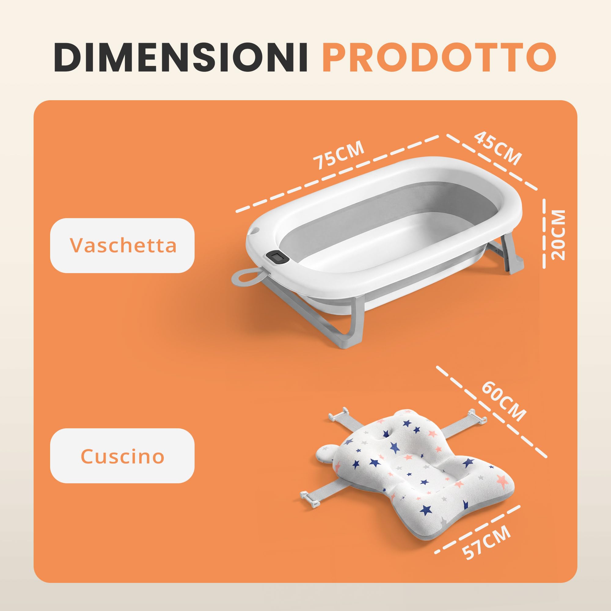JUPPLIES Vaschetta Bagnetto Neonato Pieghevole con Cuscino Ergonomico e Termometro Digitale – Vasca Bagnetto Neonato Salvaspazio Antiscivolo – Facile da Riporre (75x45x20 cm - Grigio)