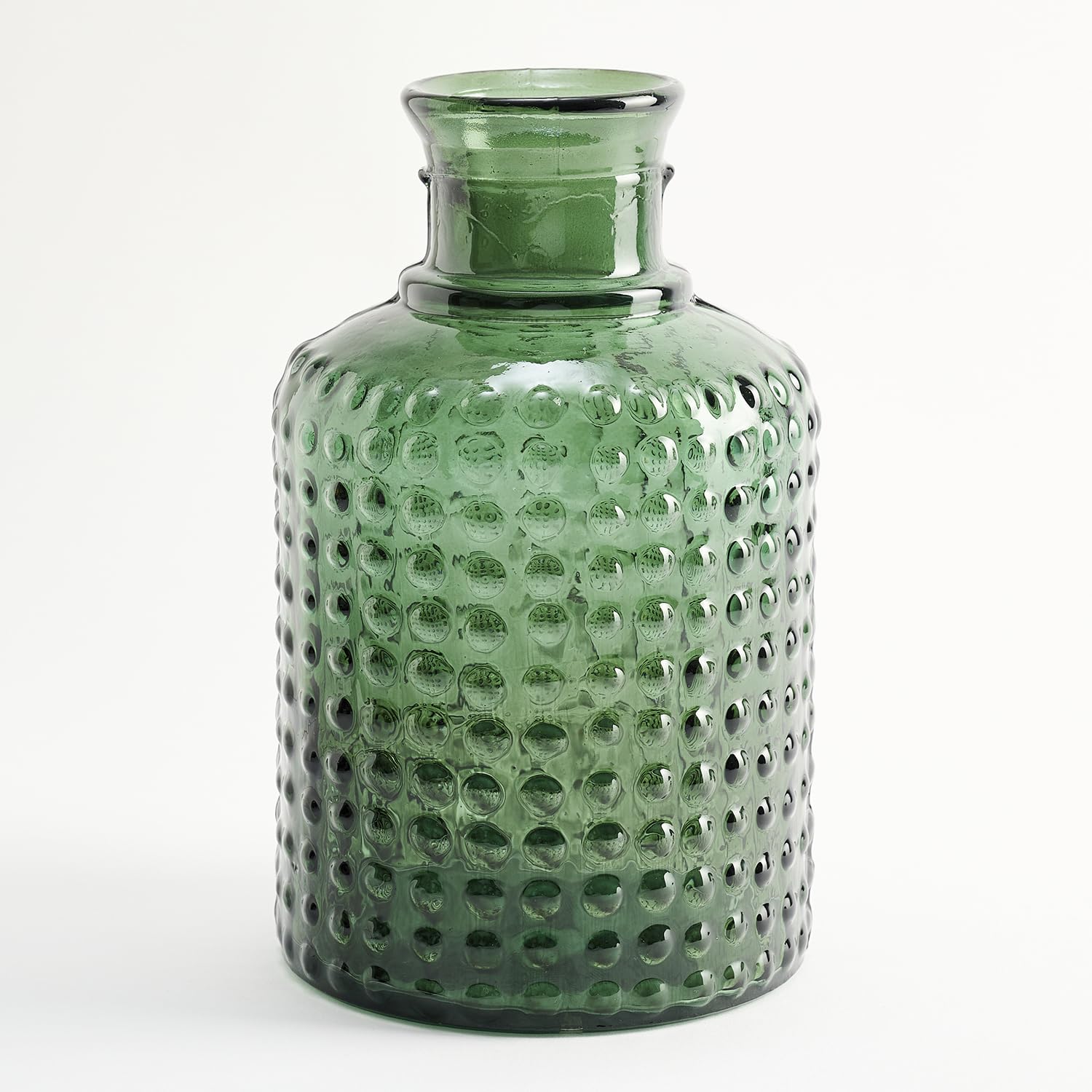 The Glass Company Olive Green Medium Recycled Glass Bottle With Embossed Dots Design - Small Artisan Glass Carafe Mediterranean Style For Decoration As Vase (Olive Green)