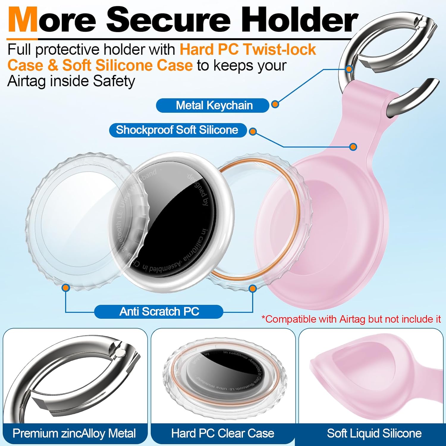 Condition photo showing New/Like New for 4 Pack Compatible with Apple Airtag Holder with Keychain,IPX8 Waterproof GPS Cover for Air-Tags Shockproof [Anti-Scratch] Item Finders Case for Pets,Kids,Luggage-Blue+Pink+Orange+Rosered Blue+Pink+Orange+Rosered 4 Pack