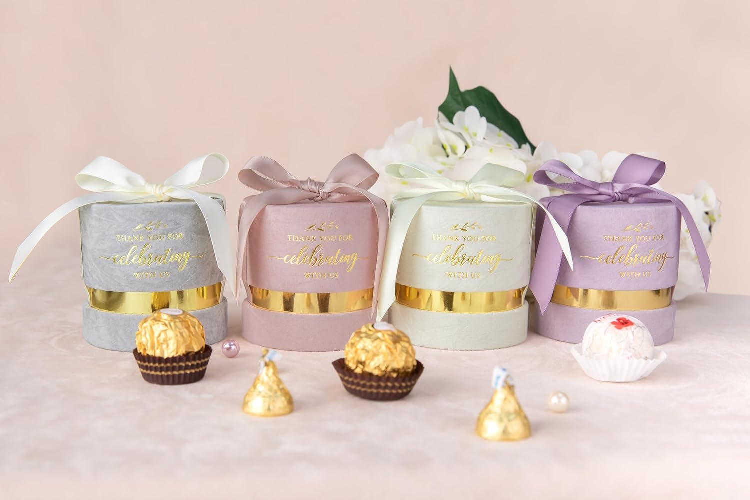 ponatia 6-Pack Dusty Rose Velvet Wedding Favor Boxes, 3.1×3.1'' Luxury Candy Boxes with Gold Foil Print & Ribbons, Pefect Gift Box for Wedding, Bridal/Baby Shower & Birthday Party Favors - Image 8