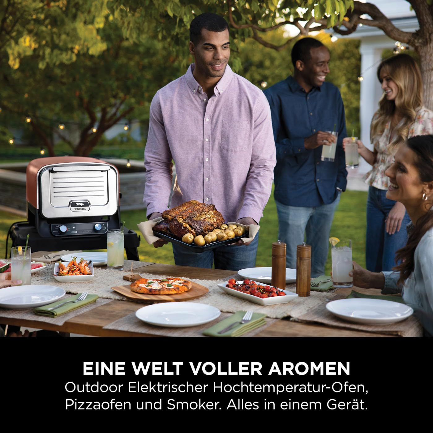Ninja Woodfire Outdoor-Ofen, 8-in-1-Pizza- Ofen, BBQ-Smoker mit Bratrost, OO101EU + verstellbarer Ständer und Beistelltisch 4718J800EUUK