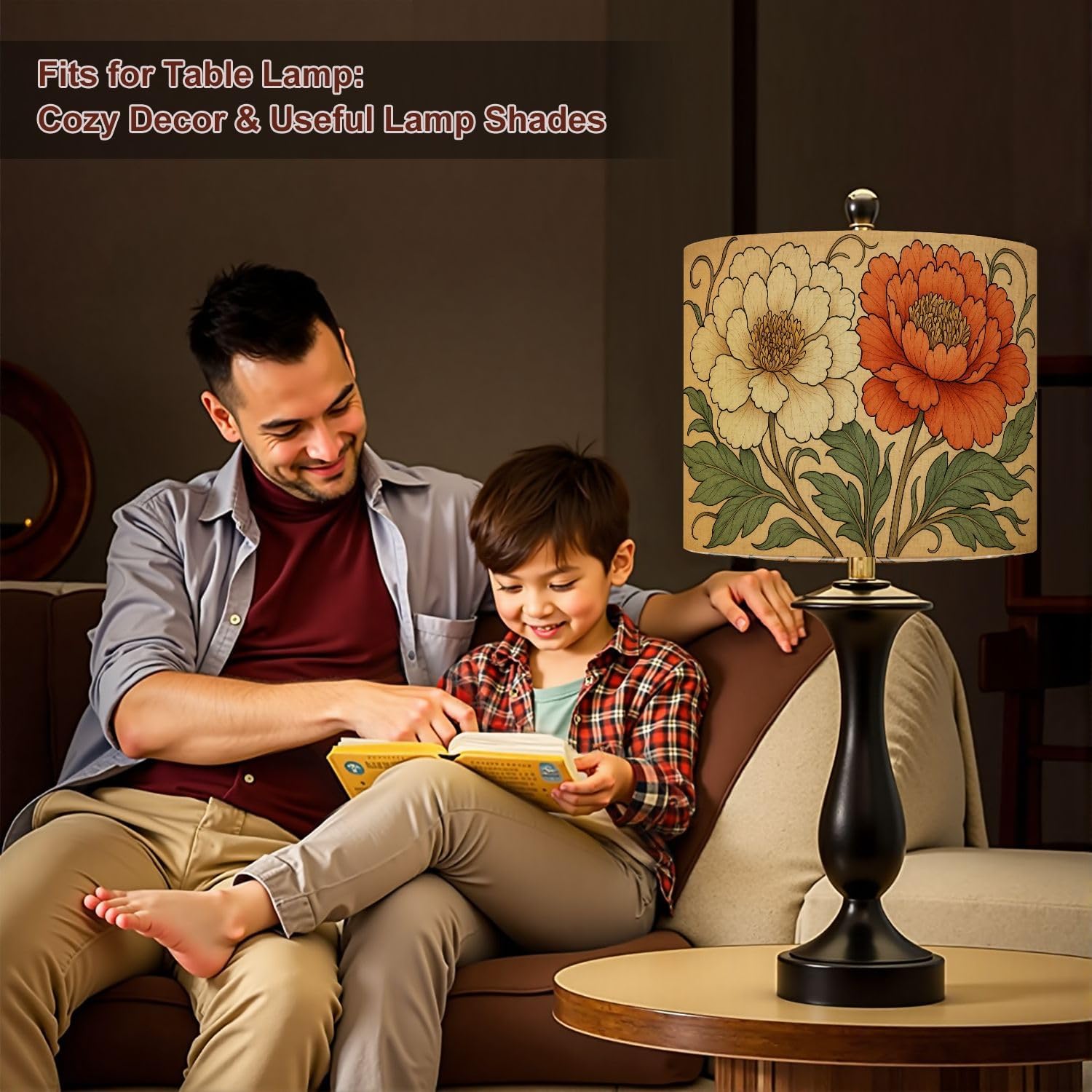 Lampshades Lamp Shades Boho 1 Pack Boho Brown Green Orange Peony Floral Vintage Peony Flowers Light Shade for Table Lamps Floor Lamps Drum Lamp Shades Lampshade Replacement