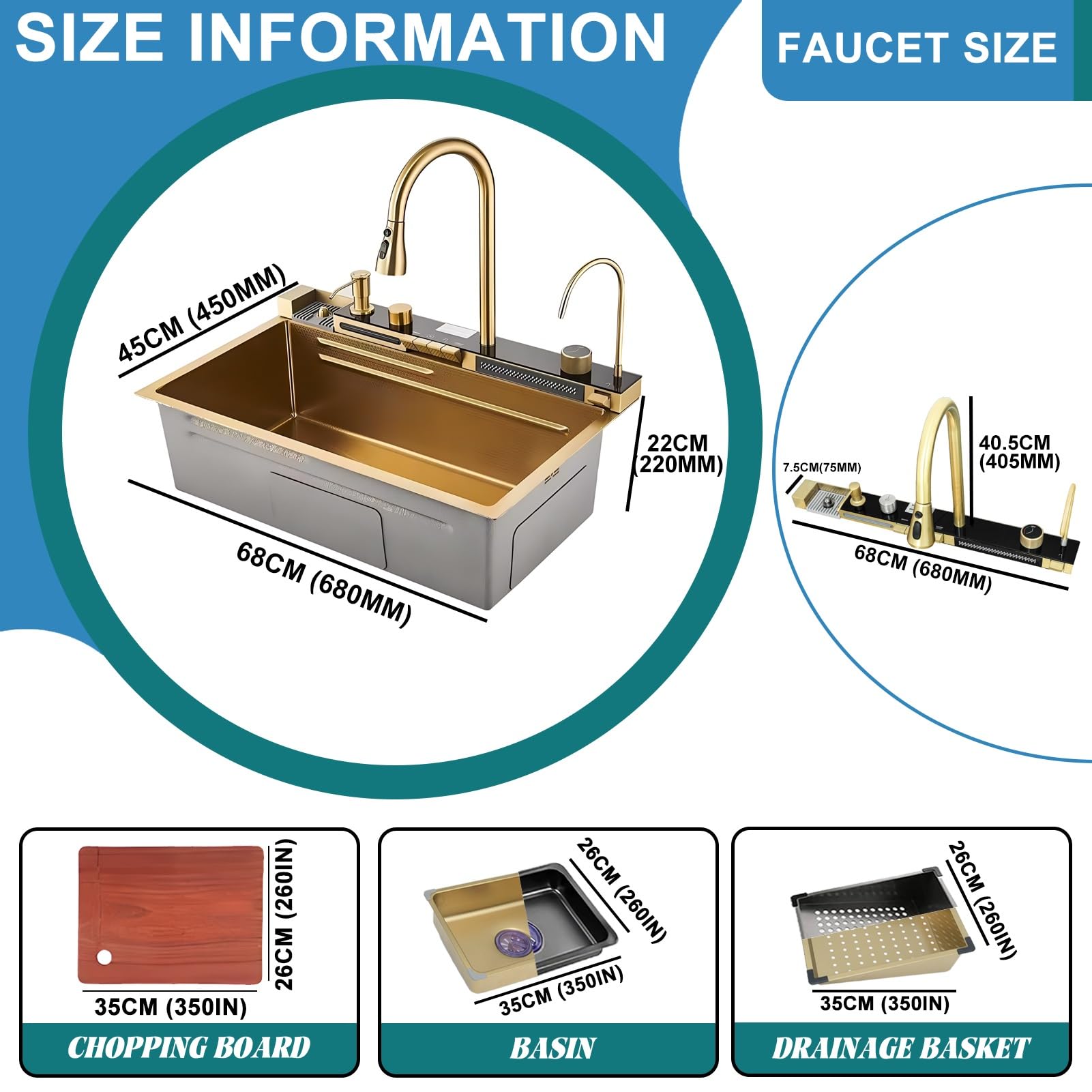 Fregadero de cocina de acero inoxidable, 68 x 45 cm, 1 lavabo con diseño de cascada y grifo extensible, fregadero individual con revestimiento nano en estilo rústico, moderno fregadero