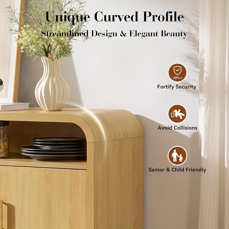 Curved Profile TV Stand for TVs Up to 65" | [P2 Engineered Wooden Board] 4 Open Storage & 2 Enclosed Cabinets, Television Console, Entertainment Center Media Cabinet image 3