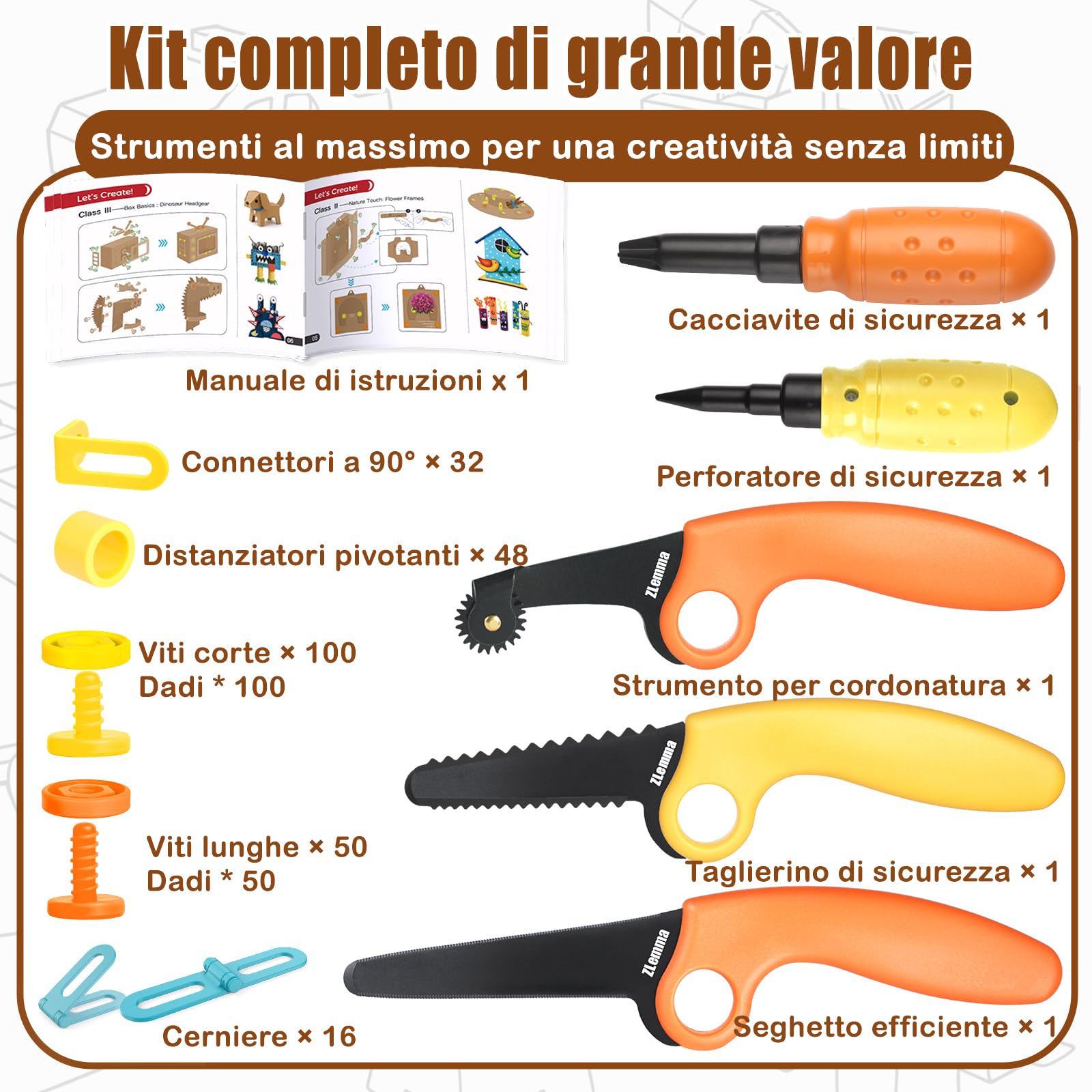 Kit di Costruzione in Cartone – 401 Pezzi, Set per Bambini con taglierino Dentellato Sicuro, Rullo per Piegatura, Viti e Dadi, Gioco STEM per progetti Fai-da-Te