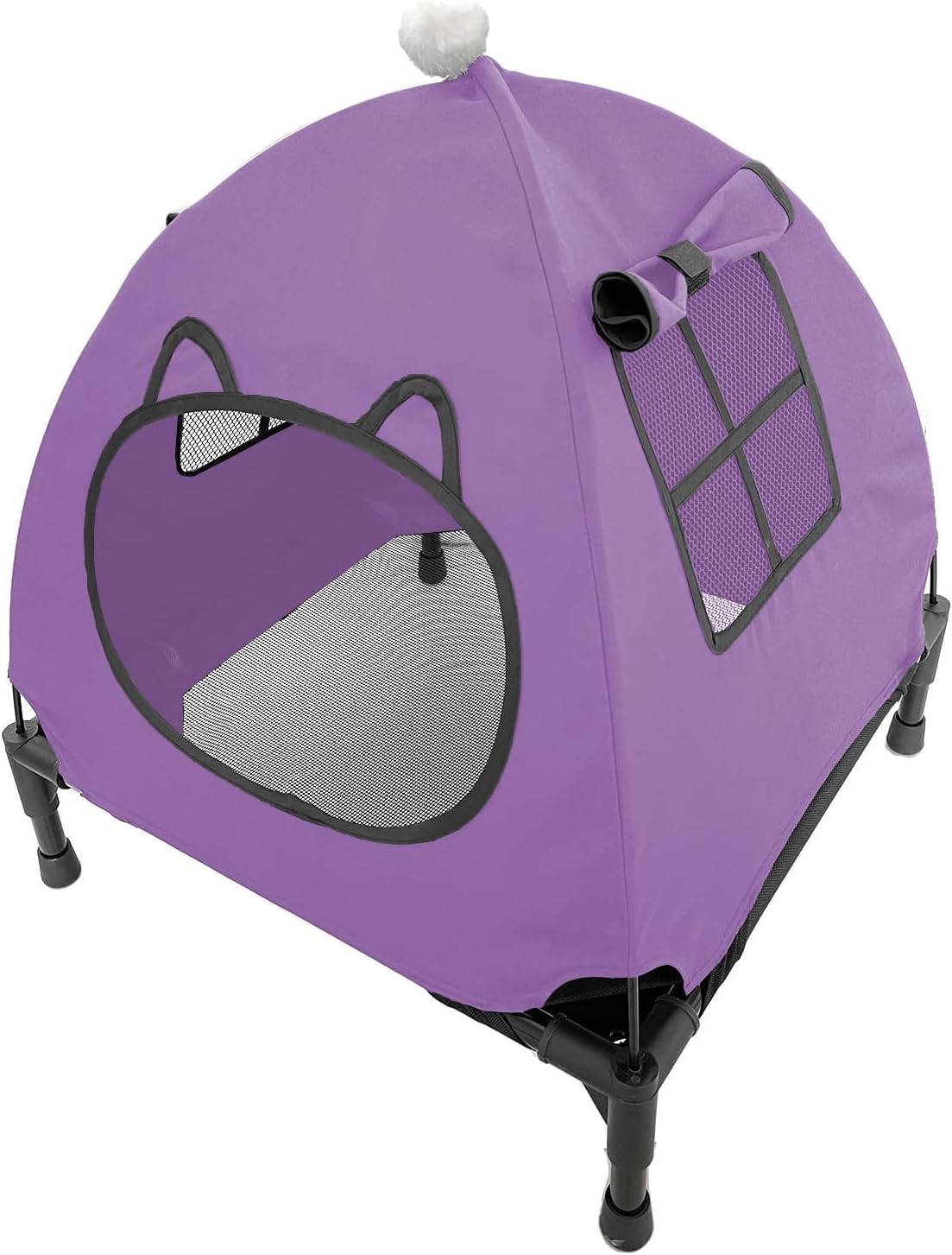 Pozico Elevated Pet Bed with Breathable Mesh for Small Cat and Dog, Raised Cooling Pet Cot for Puppy and Kitty, 18.9x18.9 inch (Purple Bed with Canopy)