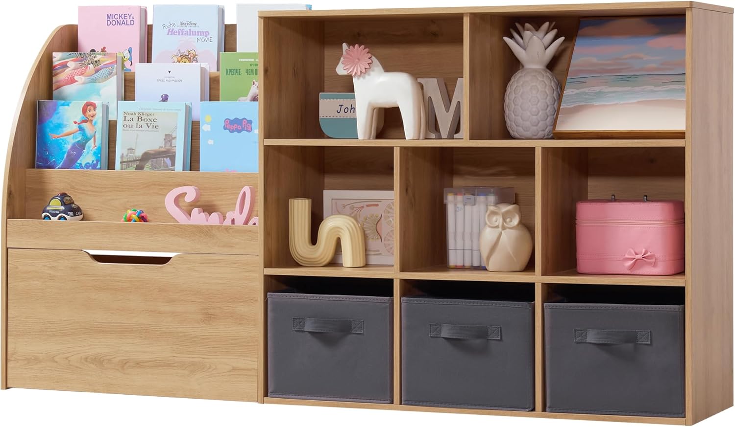 Fatmok Kids Bookshelf and Toy Storage, Toy Storage Organizers with Movable Drawers & 3 Storage Bins, Kids Reading Nook Toy Organizers Shelf with 5 Cubbies, Natral Wood