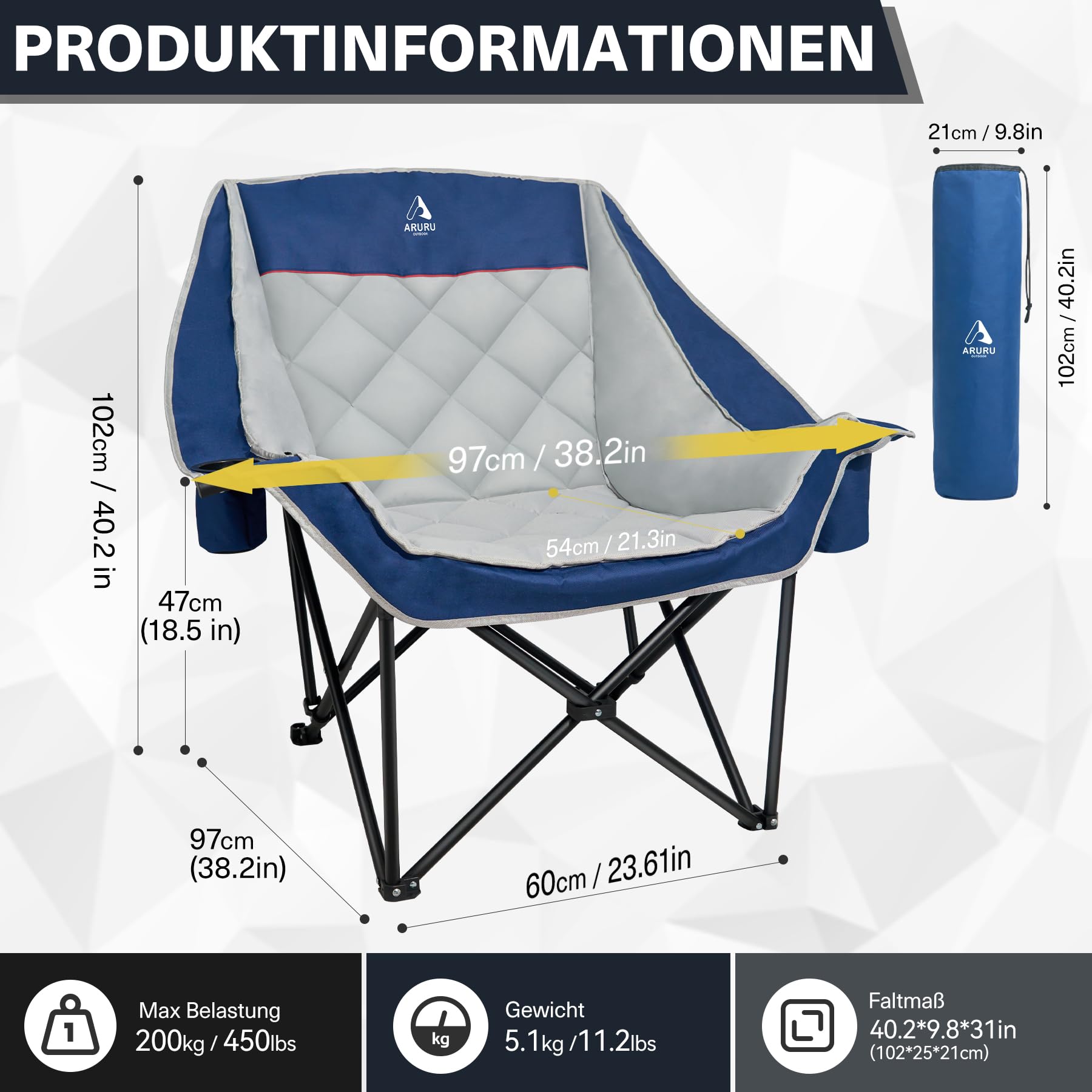 Campingstuhl bis 200KG Gepolstert Armlehnen XL Outdoorstuhl Klappstuhl Campingsofa mit Getränkehalter Kühltasche Hoher Rückenlehne