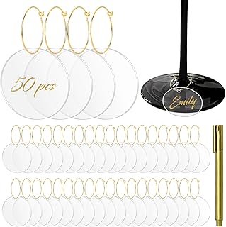 50 Pcs Wine Glass Charms - Round Acrylic Blank Wine Markers for Stem Glasses - Recognizer for Christmas, Wedding, Tasting, Party, Martini, Birthday Decorations