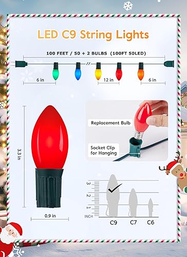 Miniatura 3 de Luces LED vintage C9 de Navidad para exteriores, 100 pies de cadena de luces C9 con 50 bombillas C9 inastillables, luces de árbol de Navidad