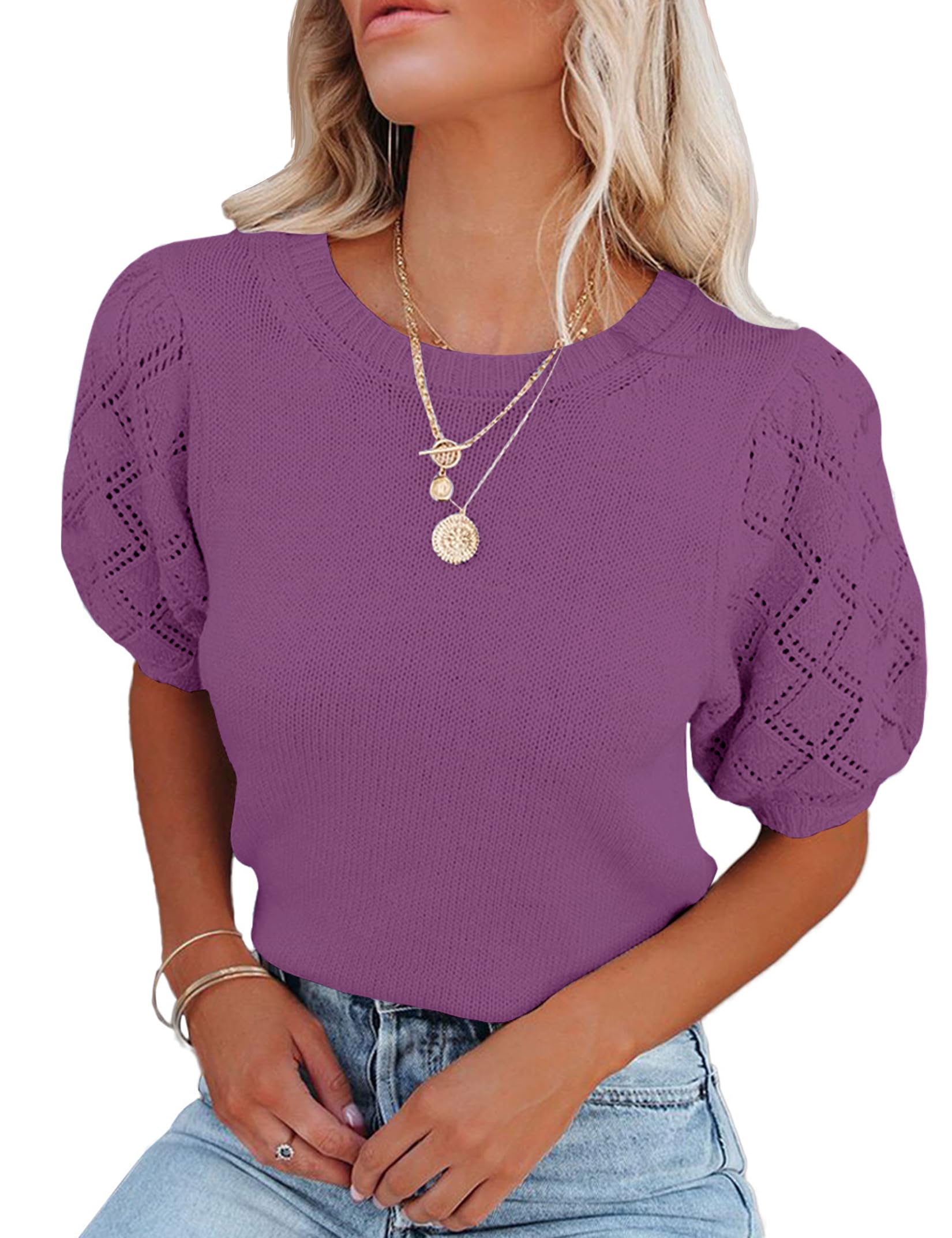 Womens Short Sleeve Sweaters Crewneck Knit Pullover Tops 2025 Summer Casual Lightweight Crochet Blouse Shirt