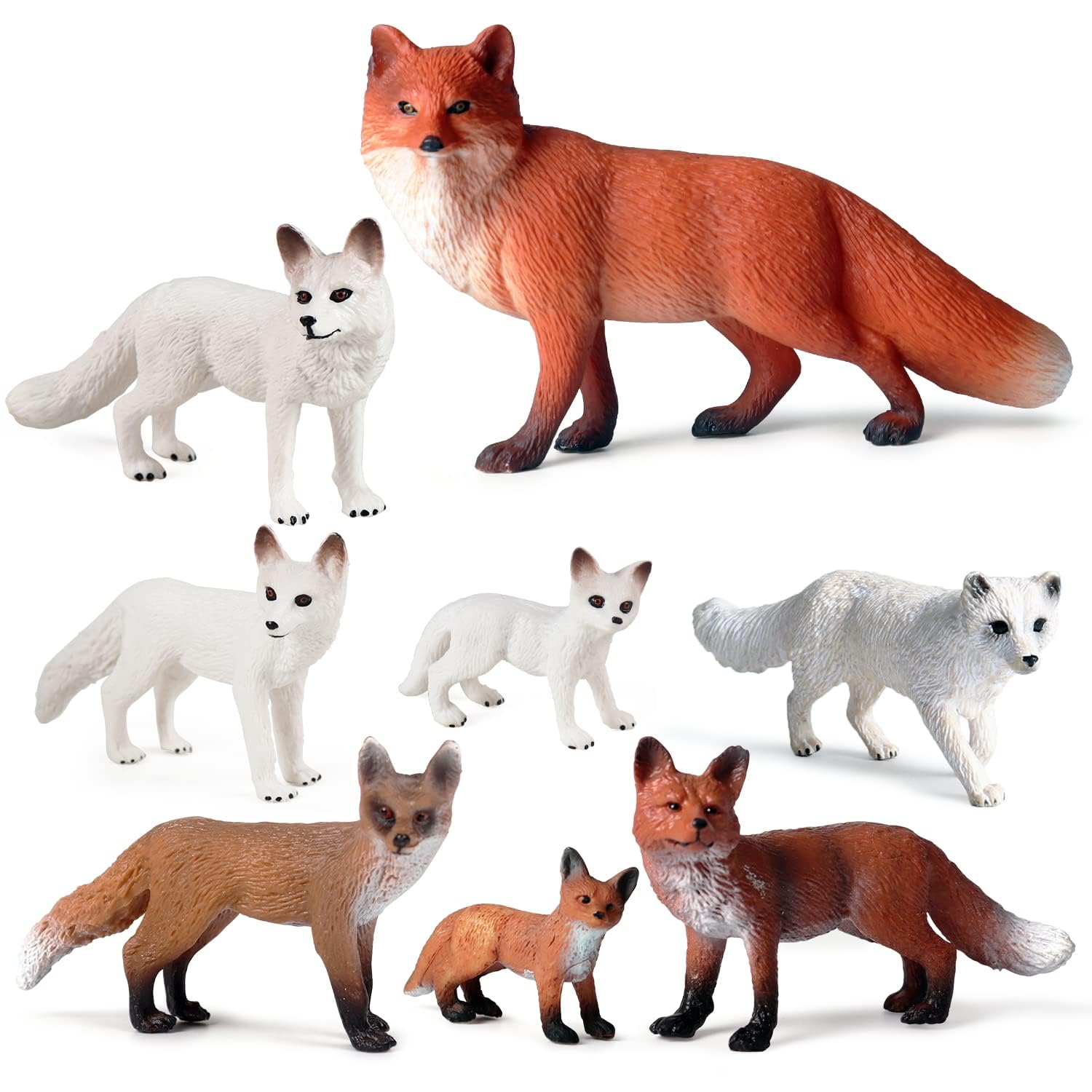Azonee 8 Pcs Fox Toy Figures - Arctic Fox & Red Foxes Figurines Set - Forest Woodland Animals Figures - Miniature Fox Animals Toys - Cake Topper for Woodland Theme Birthday Party