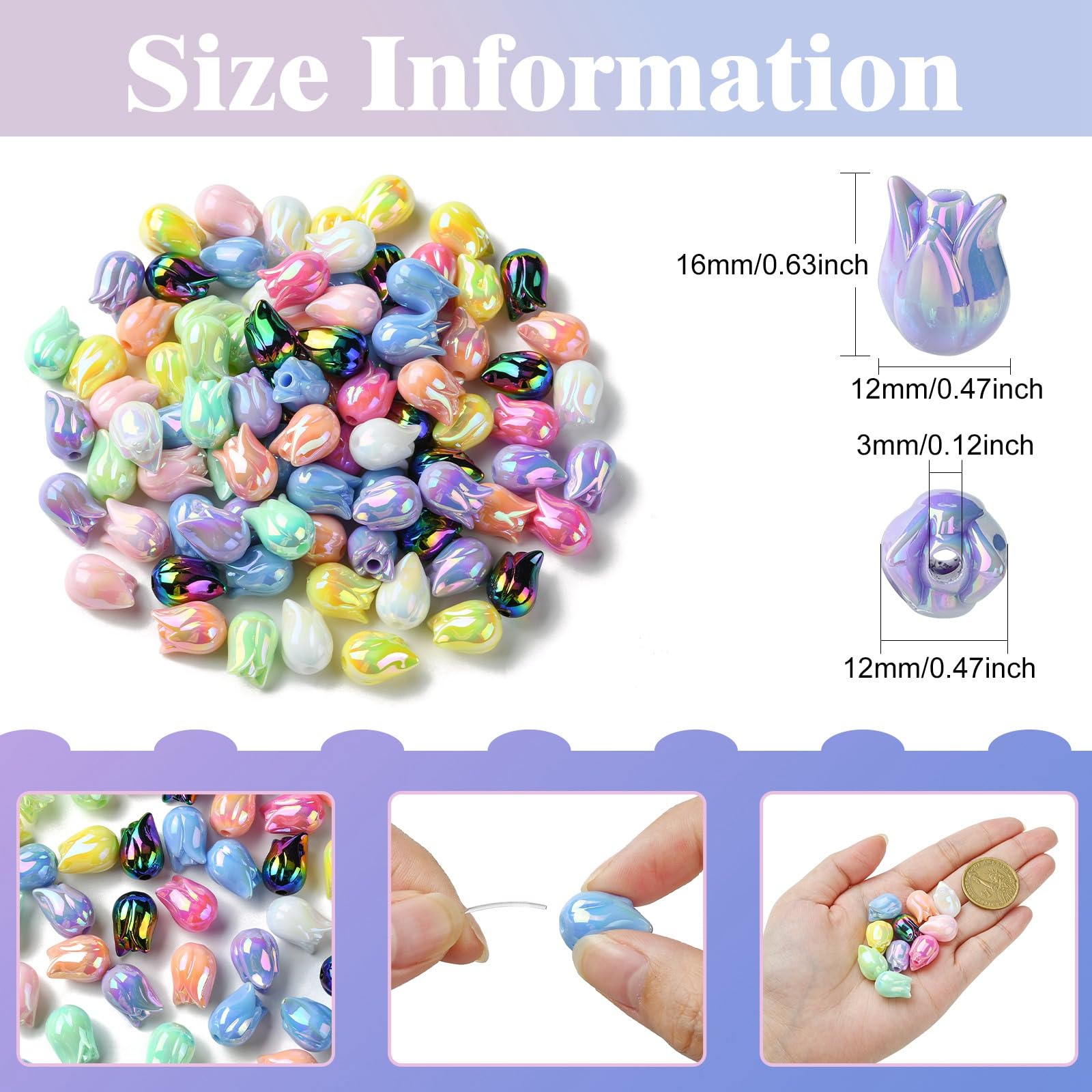 UR URLIFEHALL 100 Pcs Iridescent Acrylic Tulip Flower Beads Colourful Flower Shaped Beads for Jewellery Making Crafts Phone Home Decor - Image 2