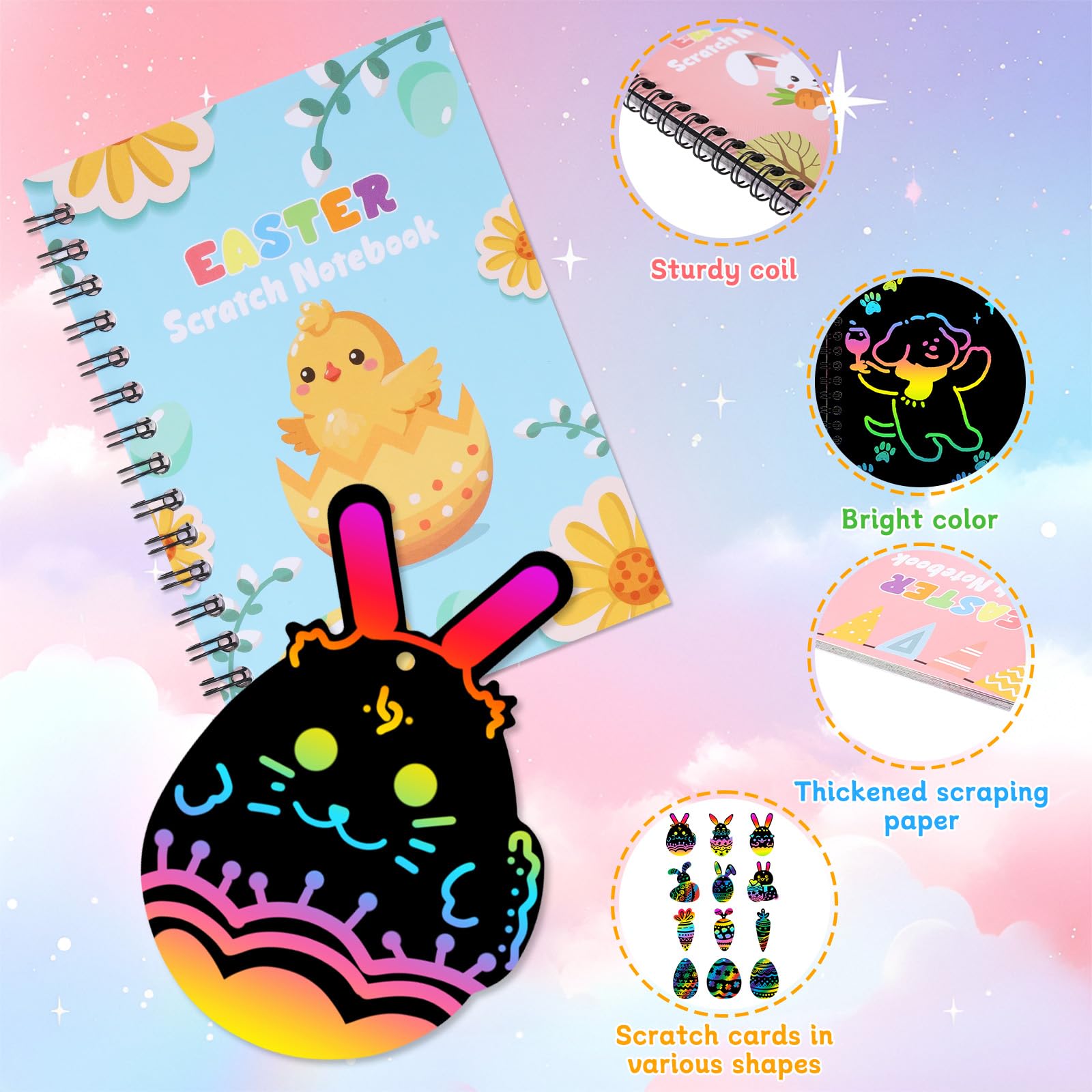 Huiguli 24 Pascua de Resurrección Libros Scratch Art Manualidades Kit con 24 Plantilla y Lápiz de Madera y Tarjeta de Rascar, Libros para Colorear Manualidades Niños, Regalos Niños Colegio Pascua - 4