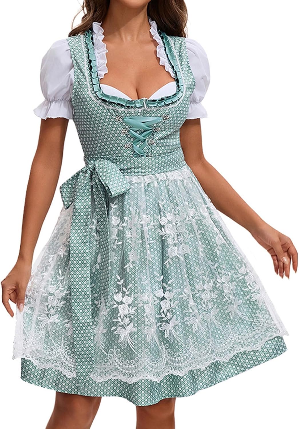 Women's Oktoberfest Costume Dirndl Dresses German Beer Costumes Outfit for Carnival Square Neck Tie Waist Maid Dress