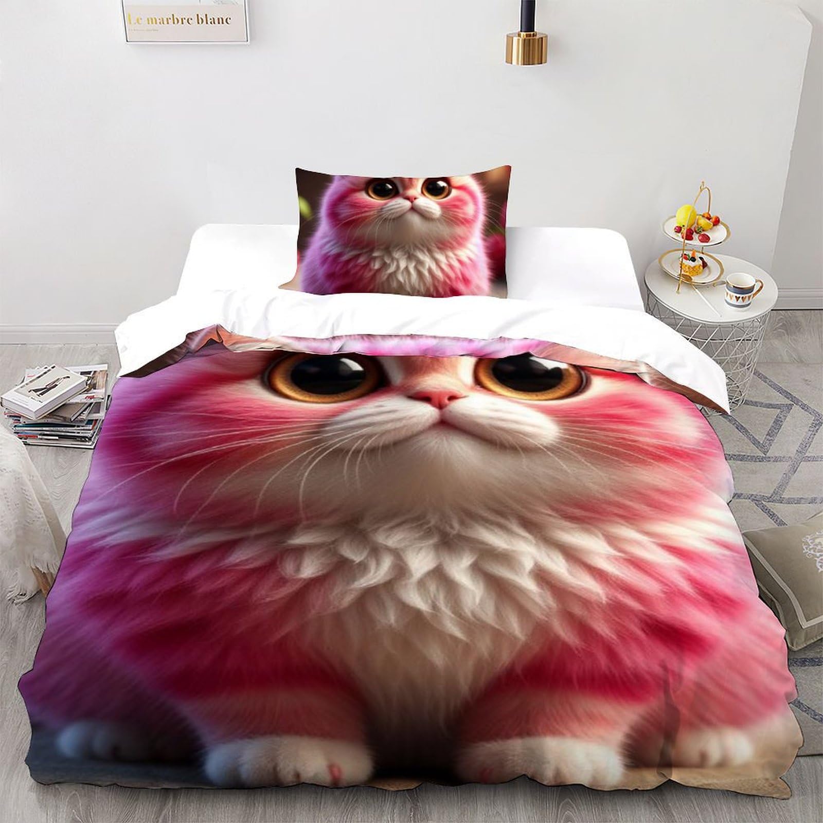 Housse de couette chat rose 135x200 lit simple parure microfibre 3D