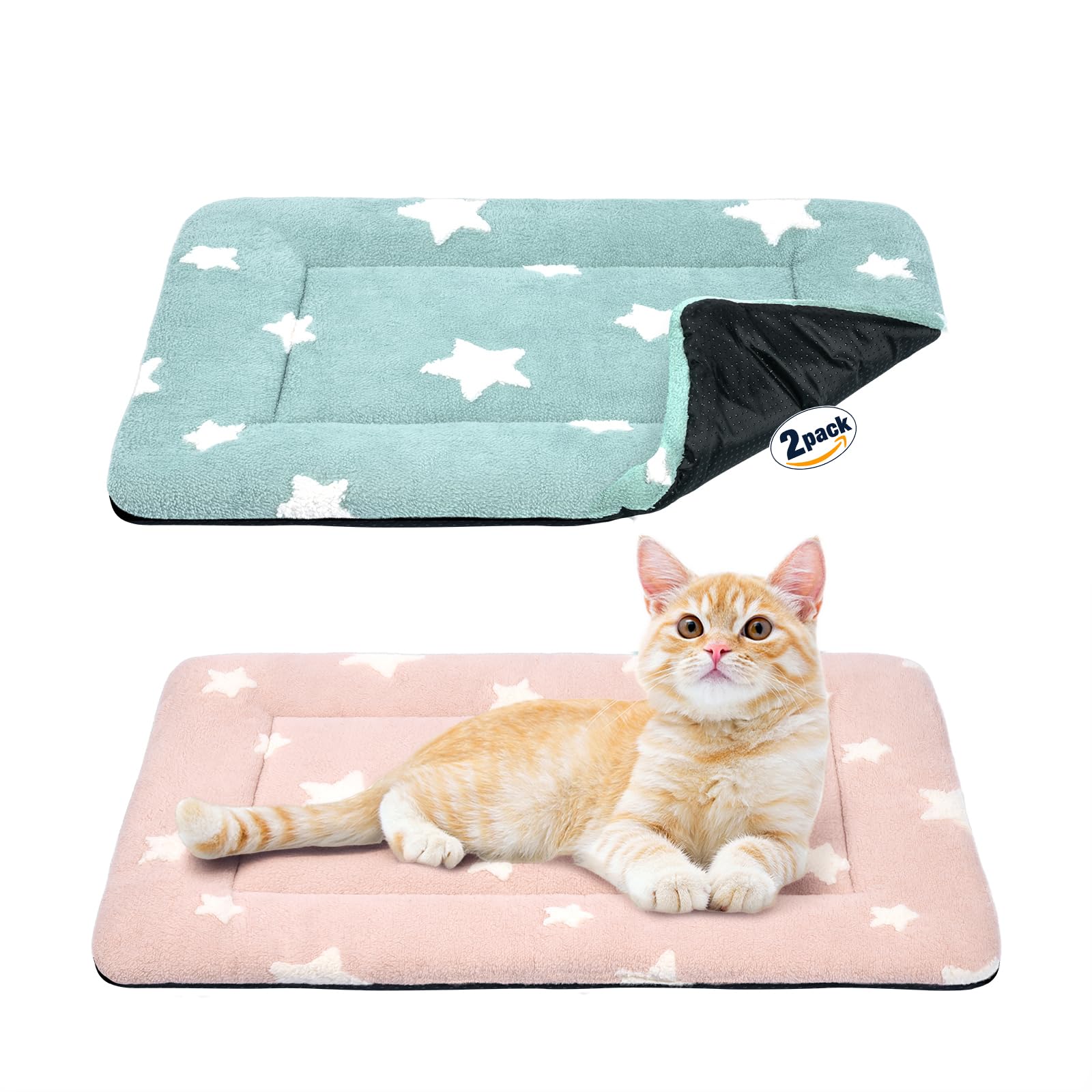 MORA PETS 2Pcs Cat Bed Mattress 56x33cm for Cats & Small Dogs, Soft Fleece Dog Crate Mat, Washable Kitten Blanket & Puppy Pad with Cute Star Pattern & Anti-Slip Bottom, Blue+Pink, 22 Inch
